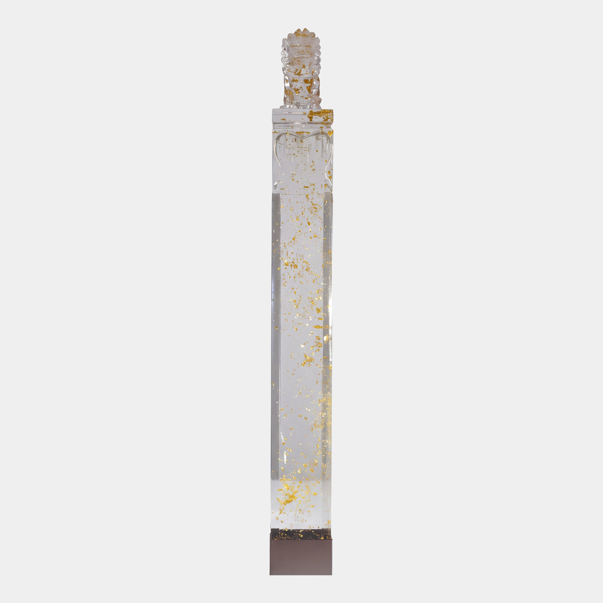 Clear Gold-Fleck Column Cast Resin Sculpture, 180cm, with carved panel and guardian lion finial, on a plain white background.