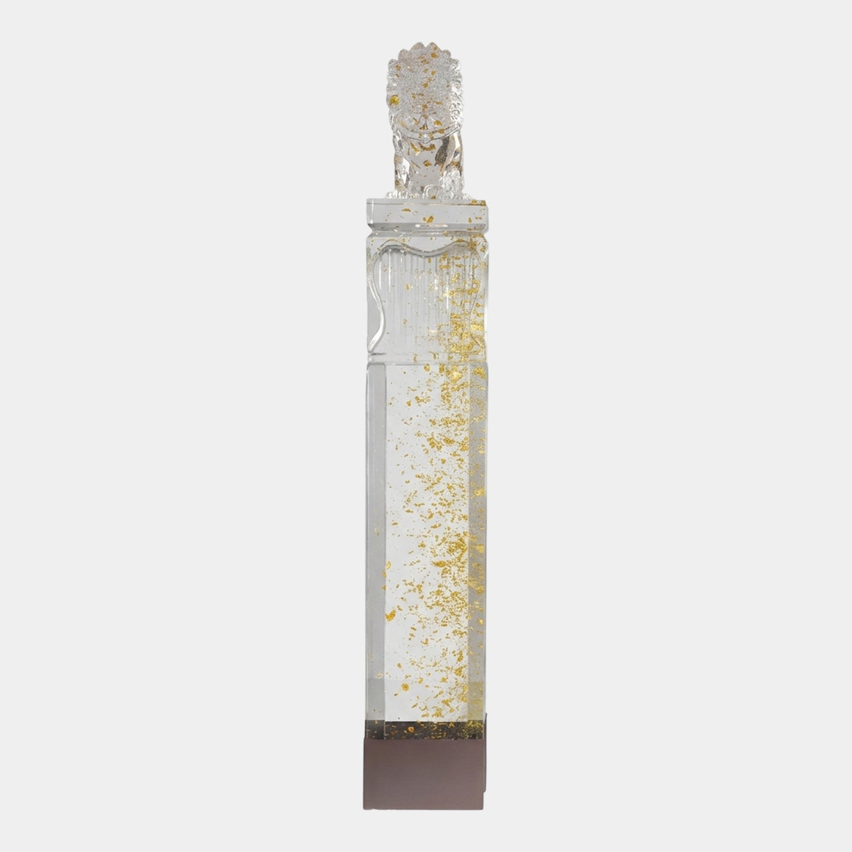 Clear Gold-Fleck Shaft Resin Sculpture, 130cm, with a carved guardian lion atop a square column and dark base, shown on a plain white background.