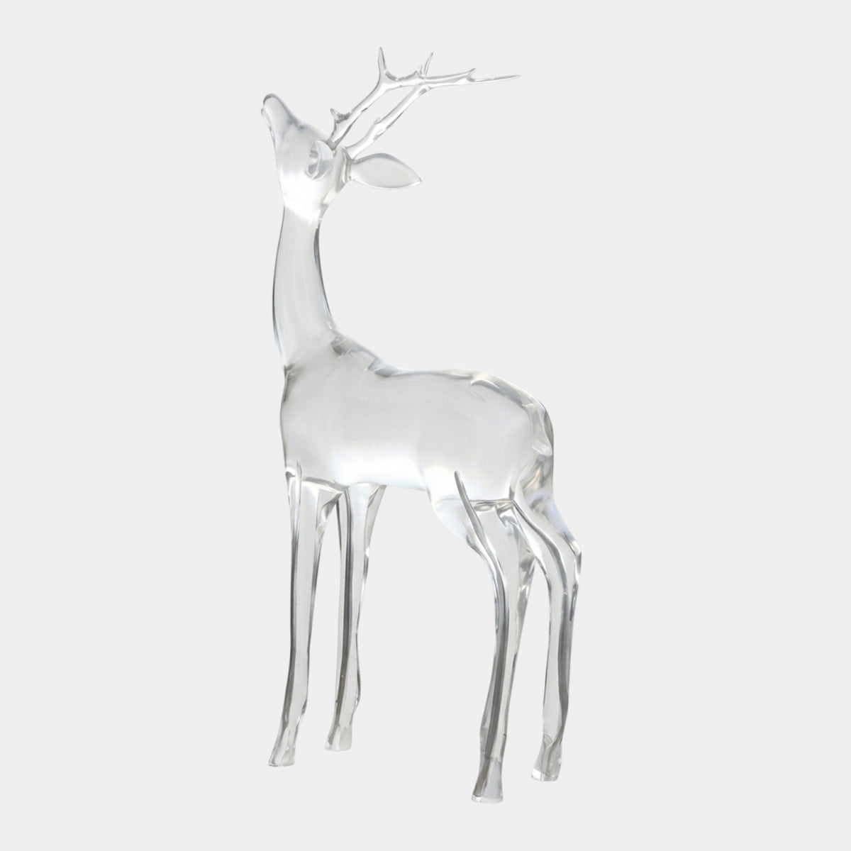 Clear Standing Stag Cast Resin Sculpture - 170cm, head lifted with antlers raised, standing on four slender legs against a plain white background.