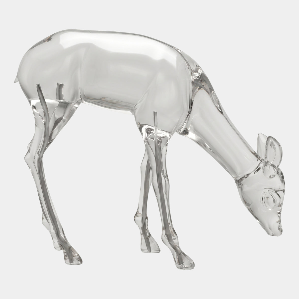 Clear Grazing Deer Cast Resin Sculpture, 117cm, showing a hind with head lowered and neck outstretched, polished clear resin, on a plain white background.