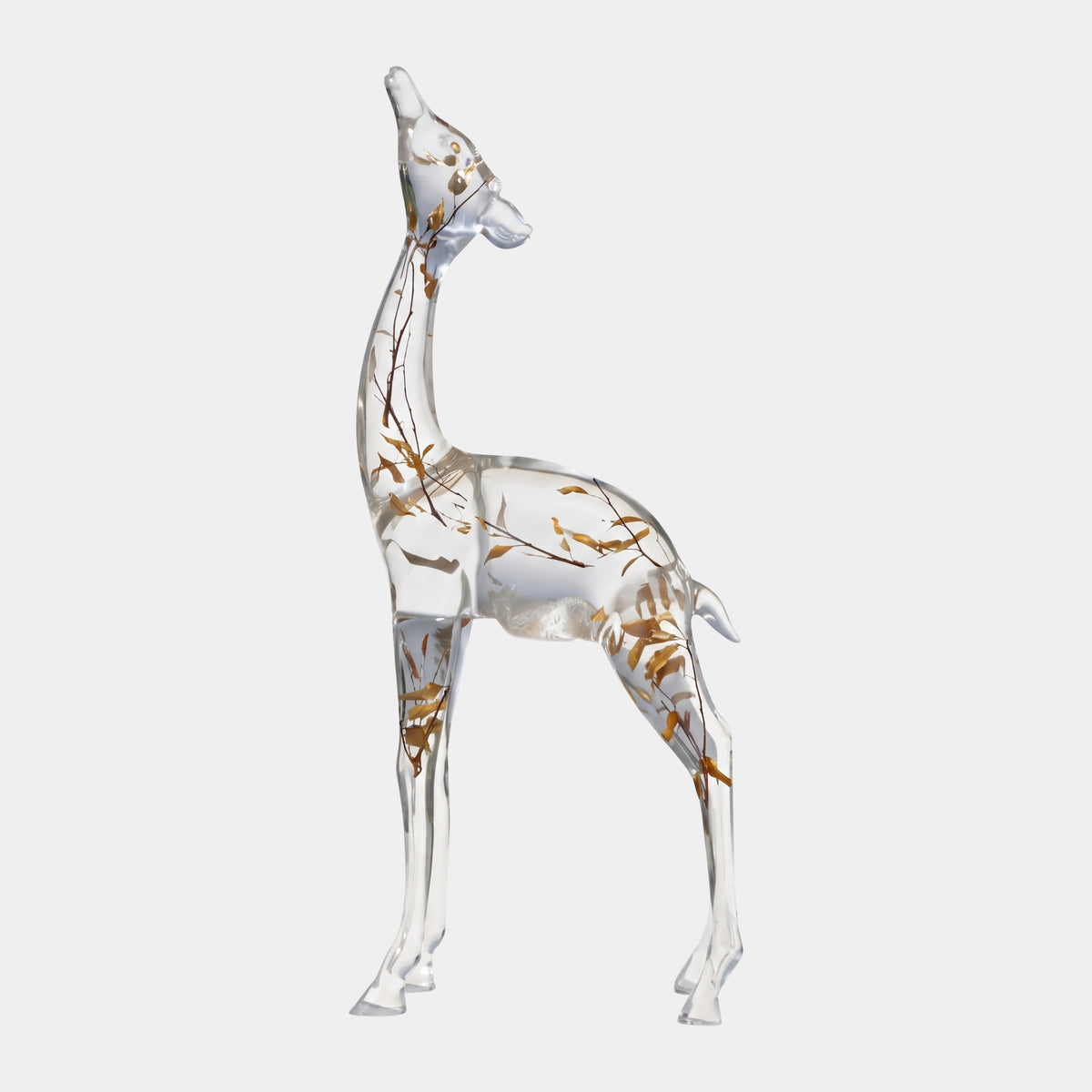 Clear Standing Hind with Suspended Leaves - 190cm, a clear resin sculpture with dried leaves and twigs embedded throughout, head tipped upward, on a plain white background.