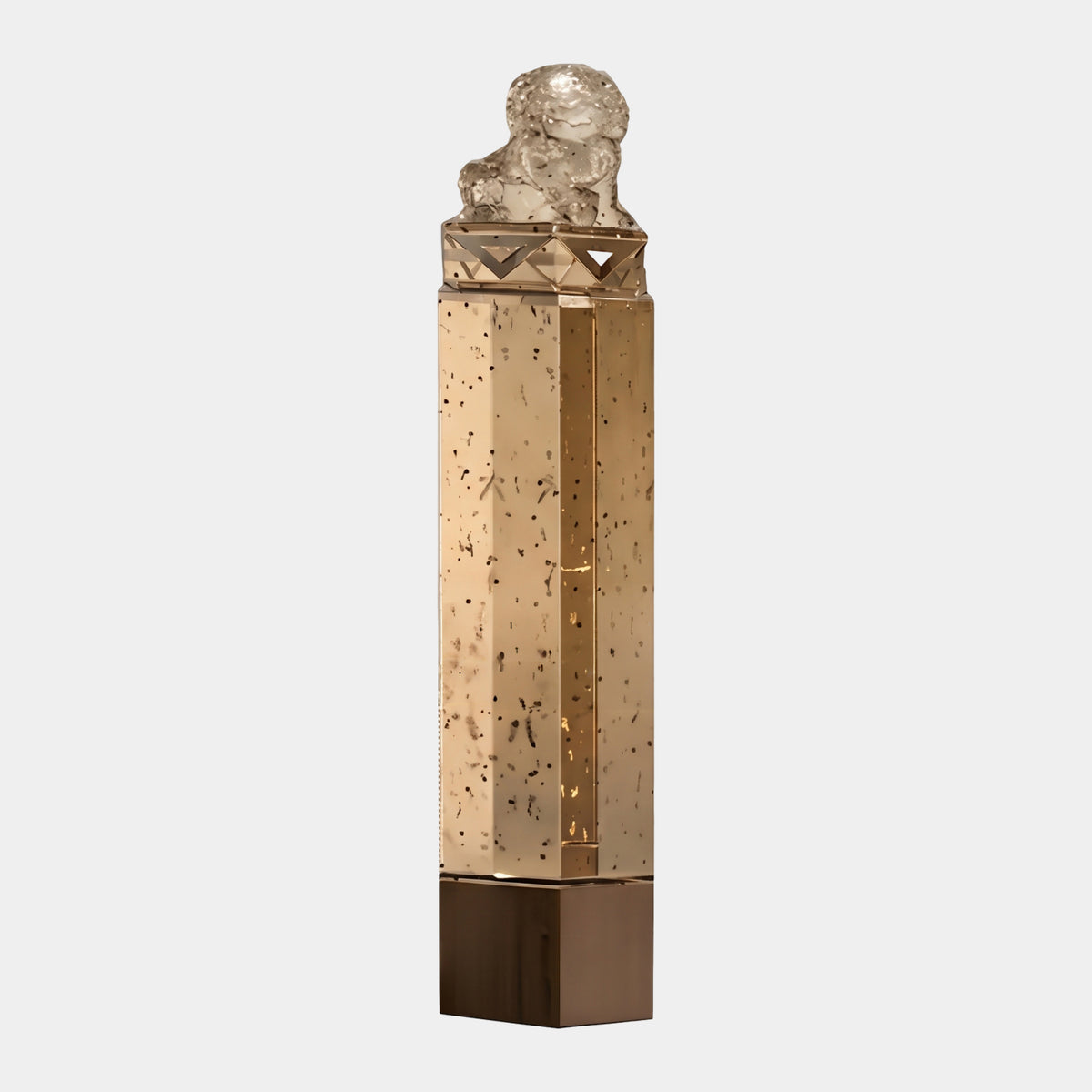 Champagne Lion Column on a Steel Foot - 130cm, a pale amber resin shaft with gold flecks on a bronze-toned steel base, topped with a seated guardian lion, shown against a plain light grey background.