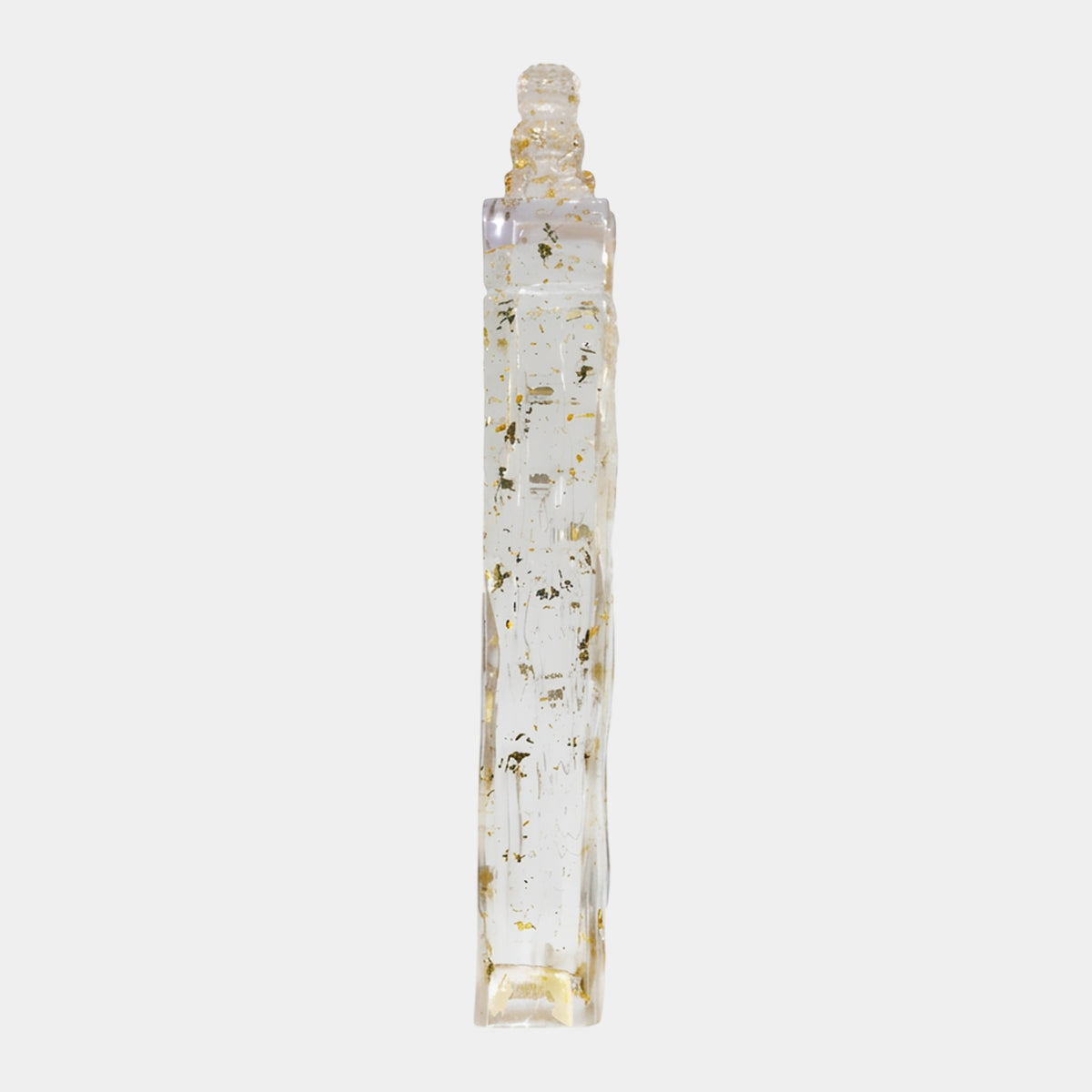 Clear Ice-Cut Lion Column Resin Sculpture, 130cm, with faceted clear column and gold flecks throughout, small lion figure on top, shown on a plain white background.