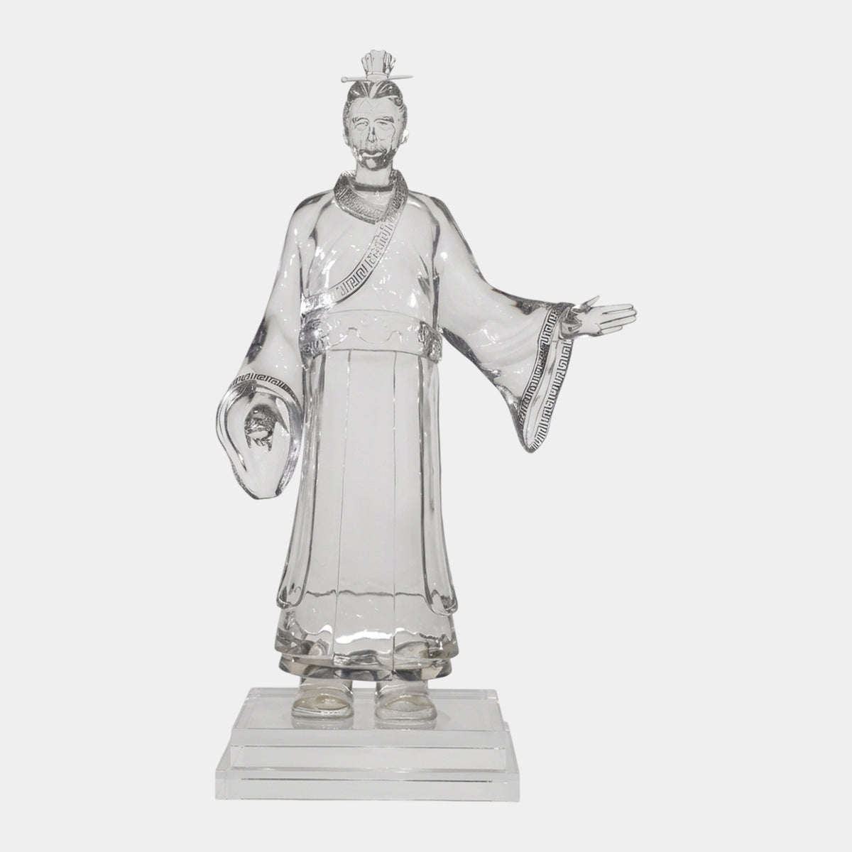Clear Robed Figure on Acrylic Base - 198cm, a clear resin sculpture of a robed man with one hand open and the other holding a hat, on a clear acrylic base, shown against a plain white background.