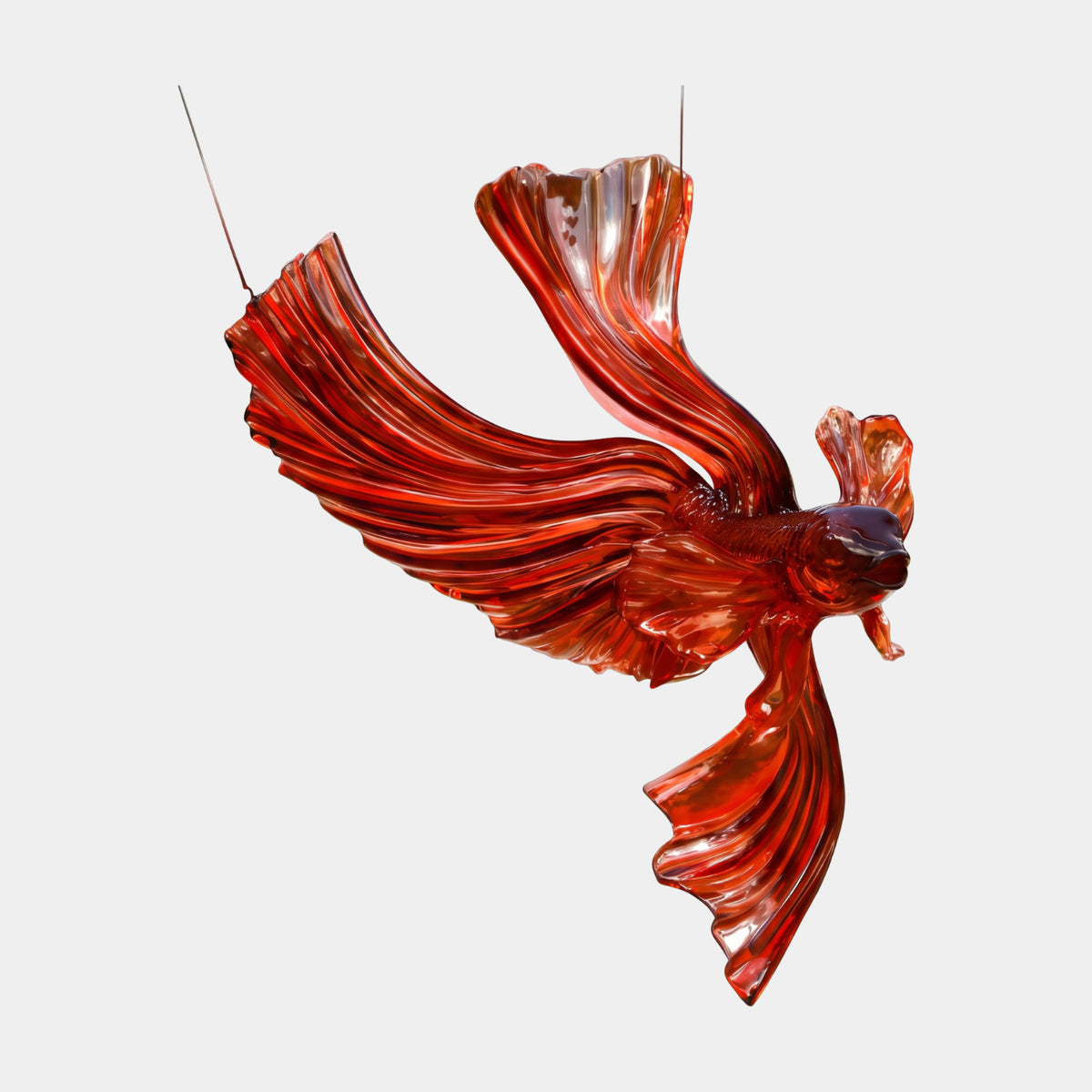 Red Fighting Fish on Lines - 84cm, a translucent red resin sculpture with flowing fins suspended on thin lines against a plain white background.