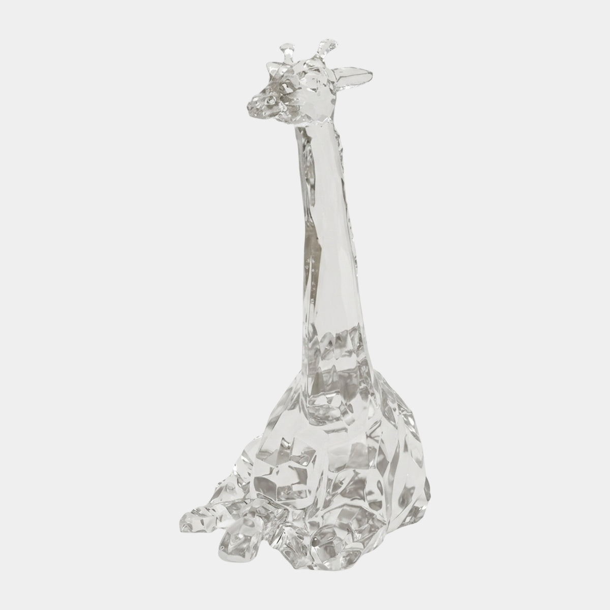 Clear Giraffe Head on Cut Ice - 134cm resin sculpture, polished head and neck emerging from a faceted ice-like base, shown against a plain light grey background.