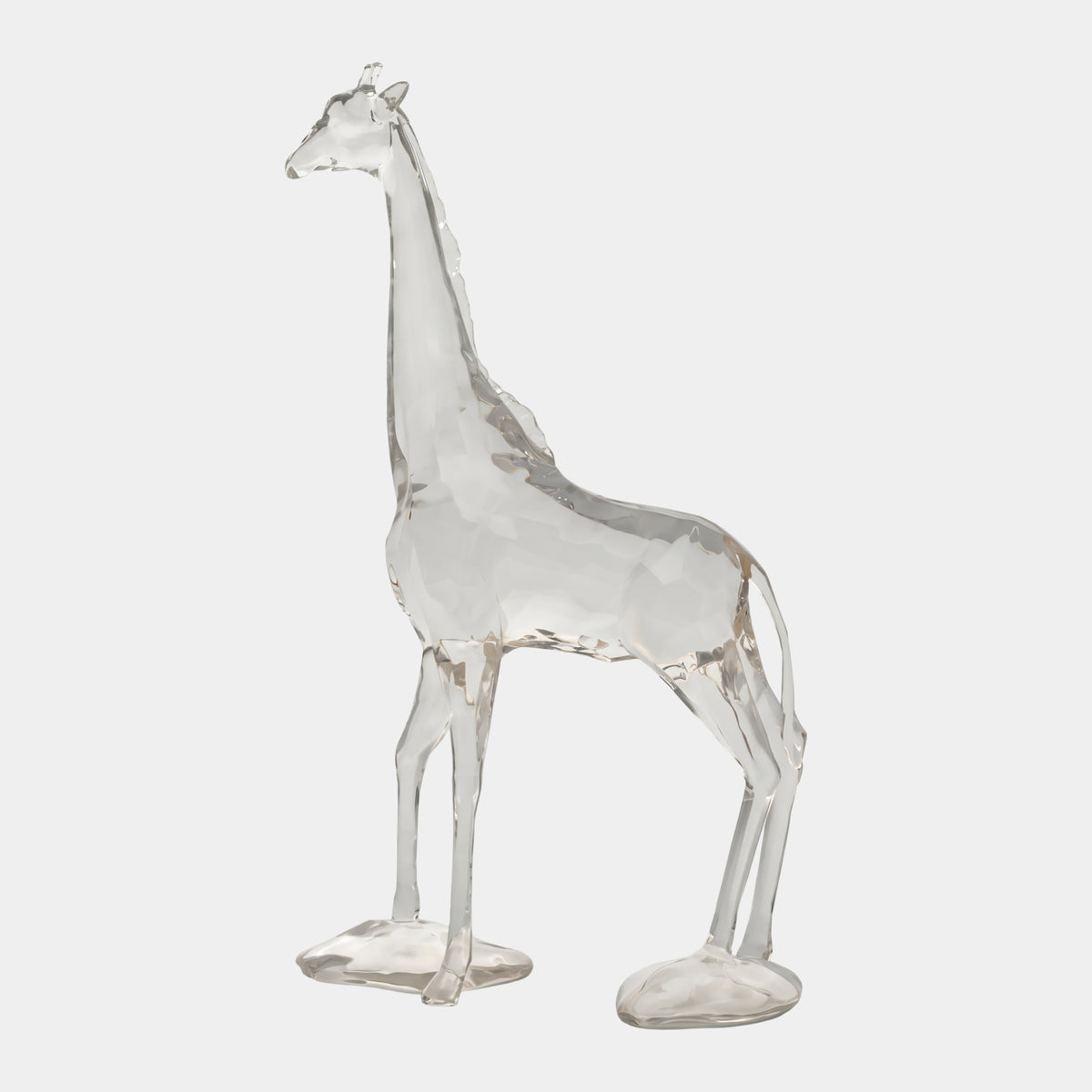 Clear Faceted Giraffe Cast Resin Sculpture, 270cm, standing with legs square and head turned slightly, faceted surface on integral base pads, plain white background.