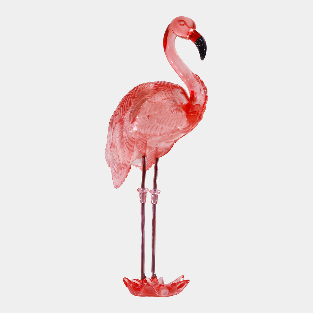 Pink Flamingo on Steel Legs - 99cm, a translucent pink resin flamingo with black-tipped beak and relief-cut feathers, standing on thin dark steel legs on a resin base, shown against a plain light background.