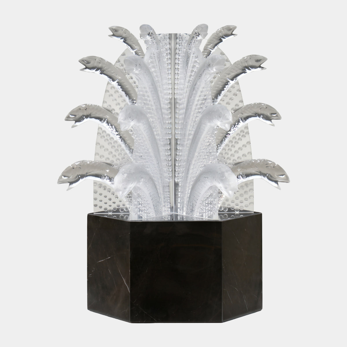 Clear Leaping Fish Group on a Marble Plinth - 117cm, clear resin fish fanned on a dimpled panel atop a black hexagonal marble base, shown against a plain white background.