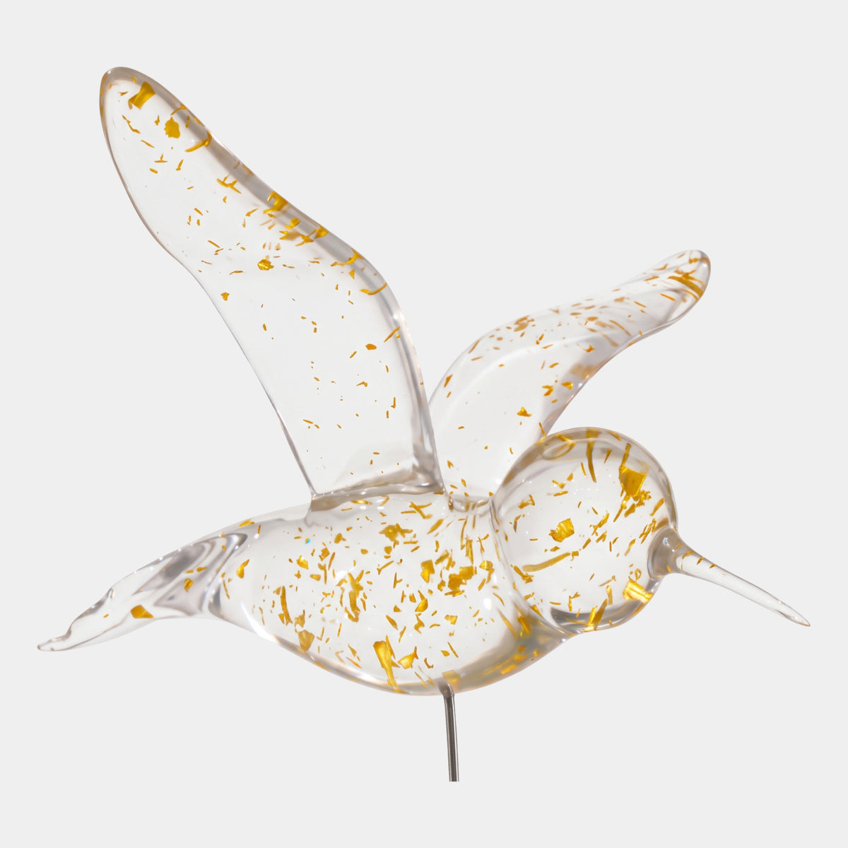 Clear Gold-Leaf Bird in Flight - 63cm, a smooth resin bird sculpture with raised wings and gold-leaf flecks, mounted on a thin rod against a plain white background.