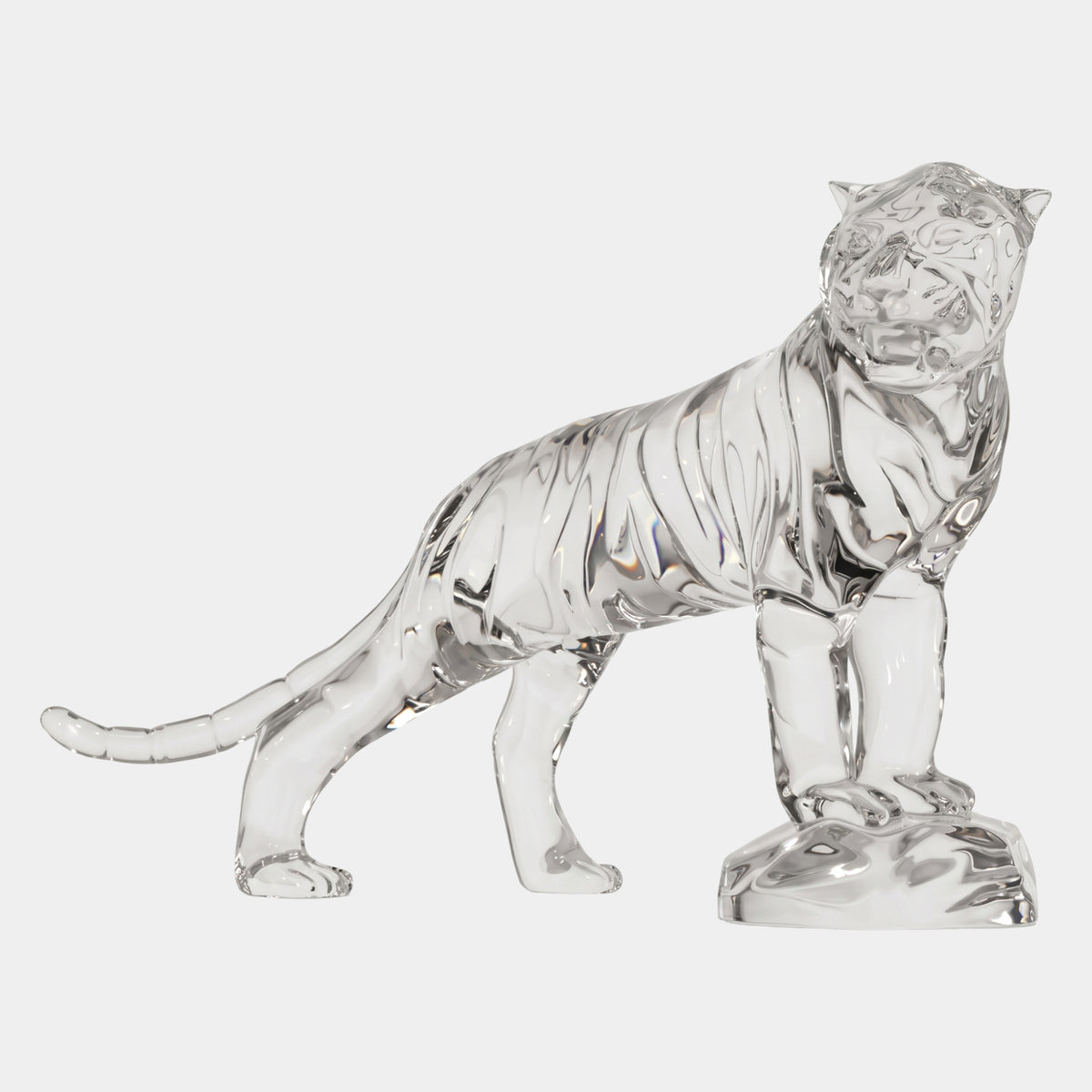 Clear Standing Tiger Cast Resin Sculpture, 66cm, with forepaws on a rock base and carved stripe texture, shown on a plain white background.