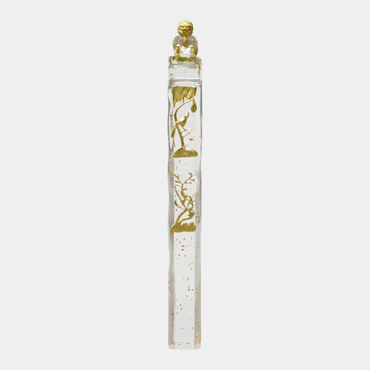 Clear Gilded Lion Relief Column Sculpture - 190cm, a clear resin shaft with gold leaf bird and branch reliefs, topped by a gilded seated lion, on a plain white background.
