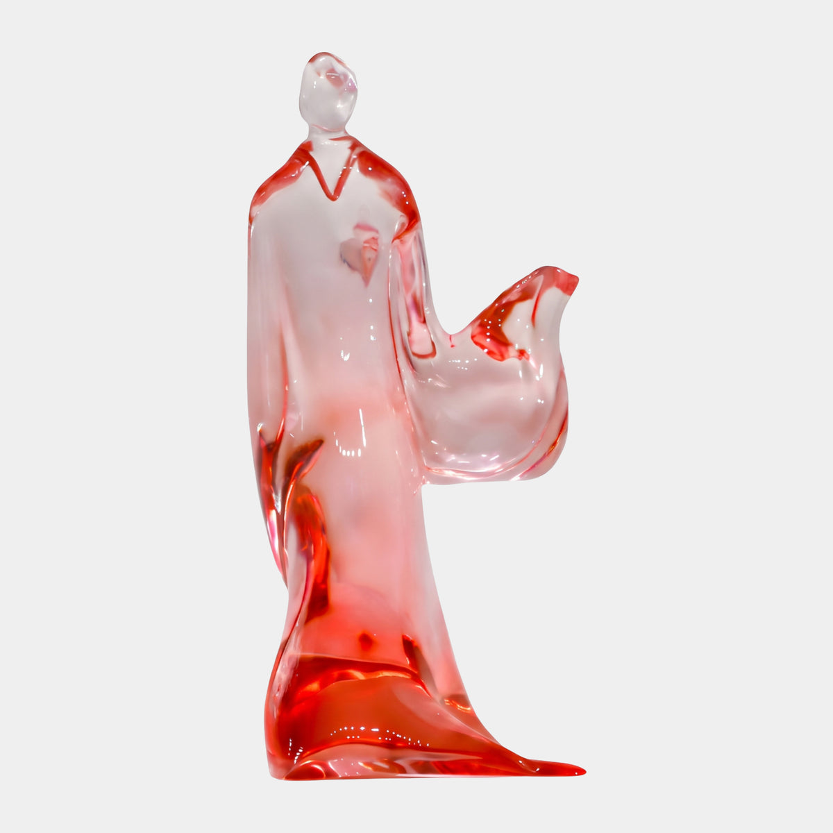 Red Graduated Moon & Robed Figure Resin Sculpture, 30/40cm, showing the robed figure with trailing sleeve fading from red hem to clear shoulders on a white background.