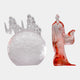 Red Graduated Moon & Robed Figure Resin Sculpture, 30/40cm, showing a frosted clear moon disc with cloud scrolls beside a red-to-clear robed figure with trailing sleeve, on a plain white background.