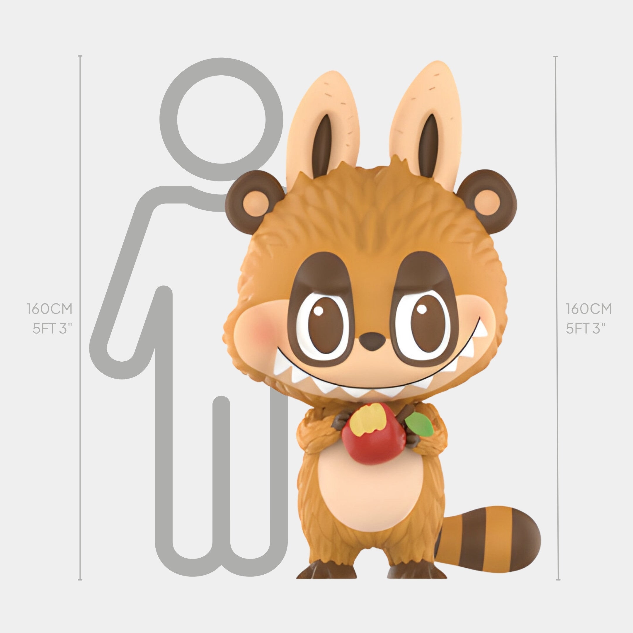 Illustration of a large cartoon raccoon holding an apple beside a human silhouette—great inspiration for the Giant Sculptures Animal Raccoon Labubu Sculpture (160cm) as a creative indoor art display.