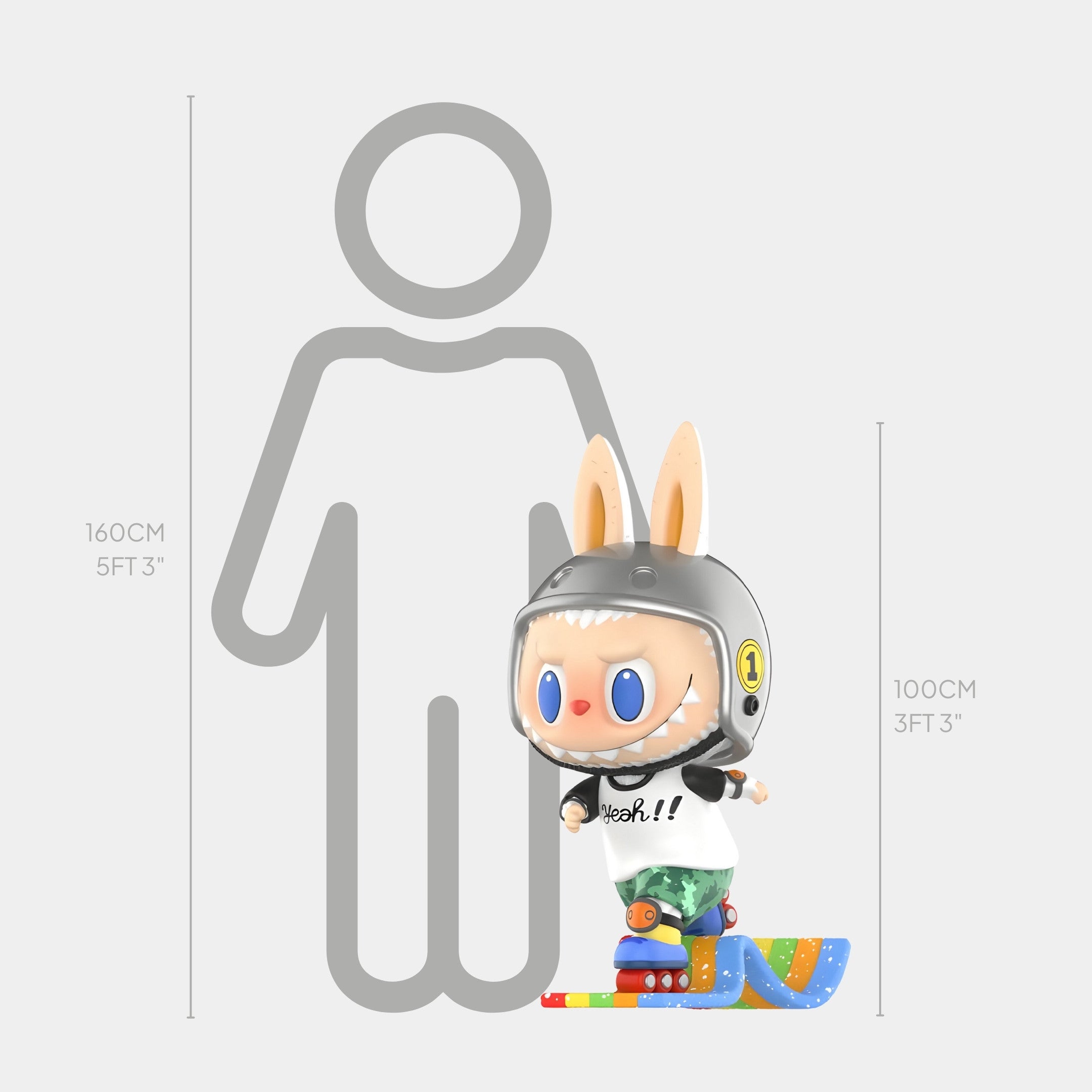 The Rainbow Candy Labubu Sculpture - 100cm by Giant Sculptures features bunny ears, a helmet, playful colors, and a skateboard. Displayed beside a 160 cm human outline for scale, the fibreglass figure stands about 100 cm tall.