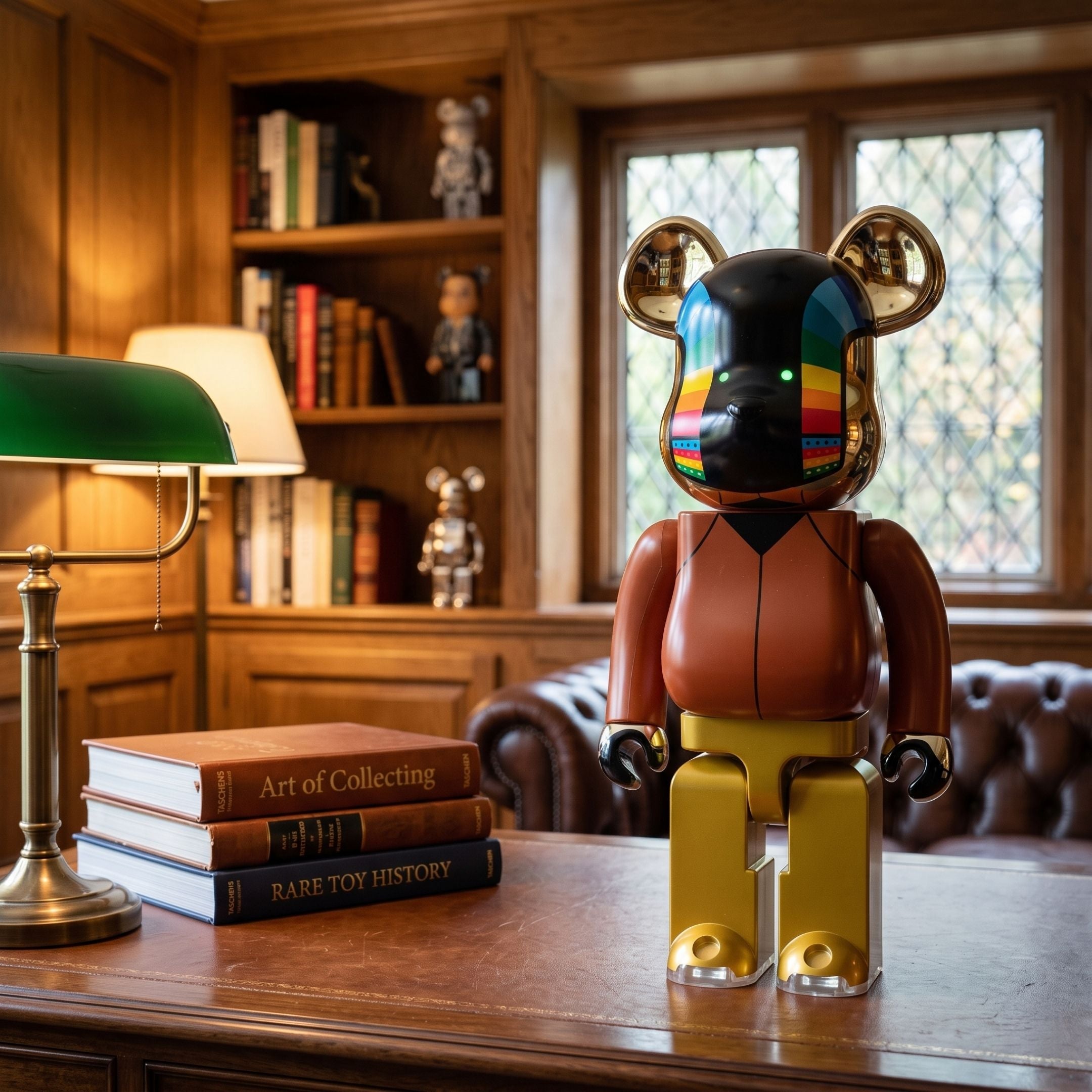 Rainbow Drip Black Bear Sculpture (70cm) by Giant Sculptures displayed on a wooden desk with books and a green banker's lamp in a study, showing its glossy black and gold body, rainbow drip-style face, and yellow legs.