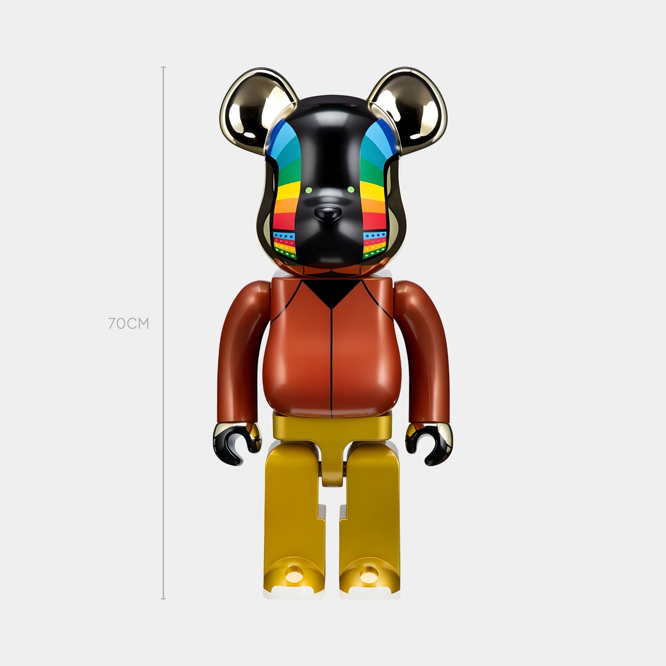 The Giant Sculptures Rainbow Drip Black Bear Sculpture - 70cm features a glossy black and gold body, multicolored mask-like face, and yellow legs, standing upright for an urban edge.