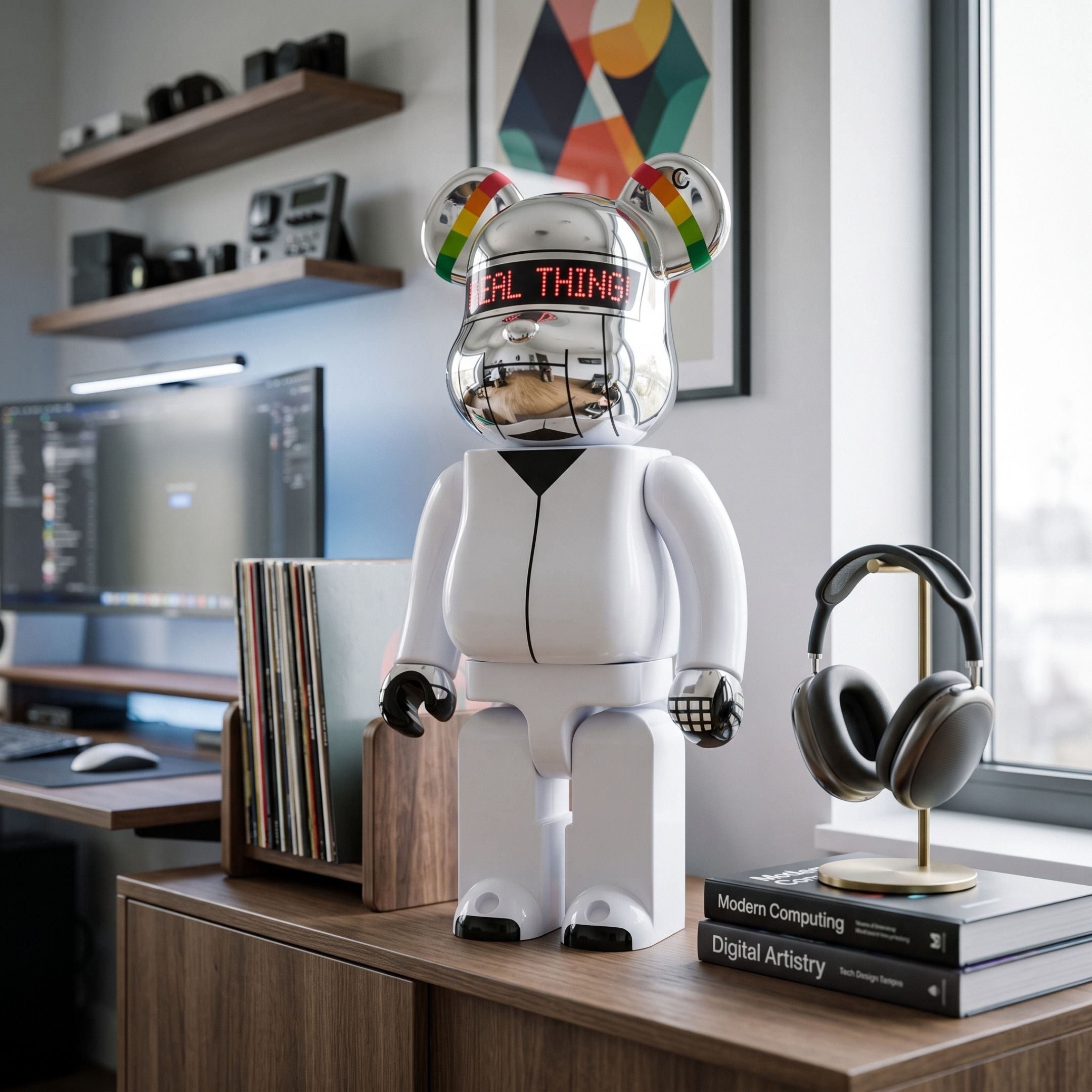 Rainbow Drip White Bear Sculpture - 70cm by Giant Sculptures, with chrome rainbow-eared helmet and asymmetric hands, displayed on a media console in a home office setting.