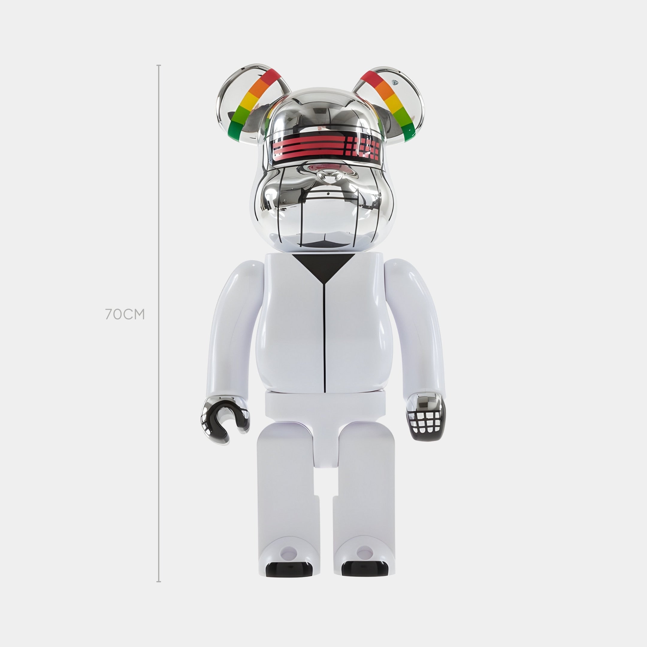 The Rainbow Drip White Bear Sculpture - 70cm by Giant Sculptures features a shiny Future Chrome helmet, rainbow-striped ears, grid visor, one black hand with grid details, and one white hand in a minimalist pop style.