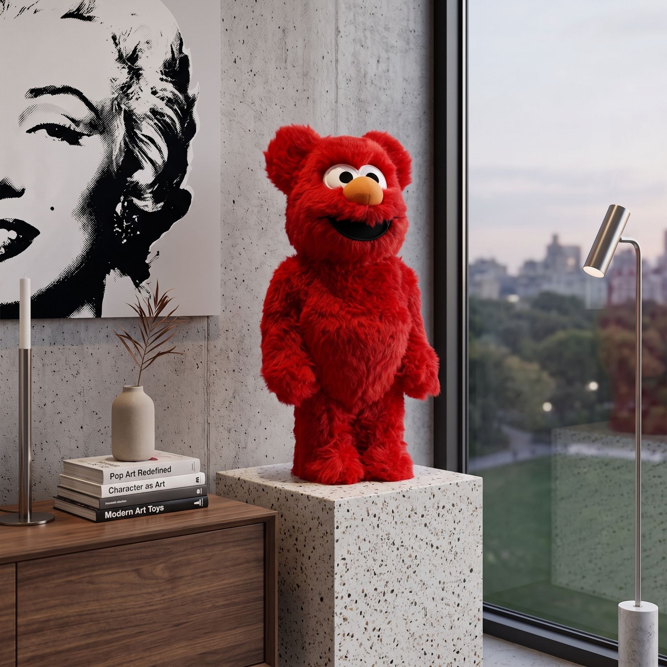Red Fuzzy Bear Sculpture (70cm) with plush red texture and orange nose displayed on a stone plinth beside a window in a living room with pop art wall decor.