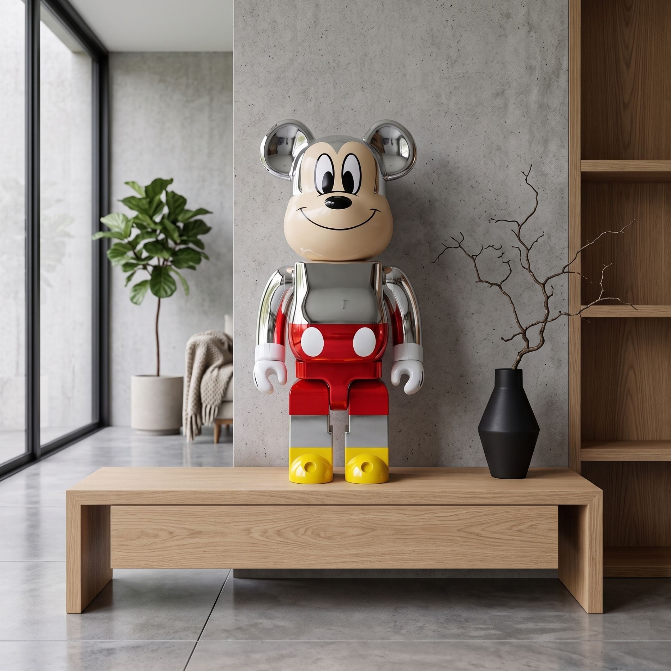 Retro Chrome Toon Bear Sculpture - 70cm by Giant Sculptures, a chrome-eared cartoon bear in red, grey, white and yellow, displayed on a wood console in a living room setting.