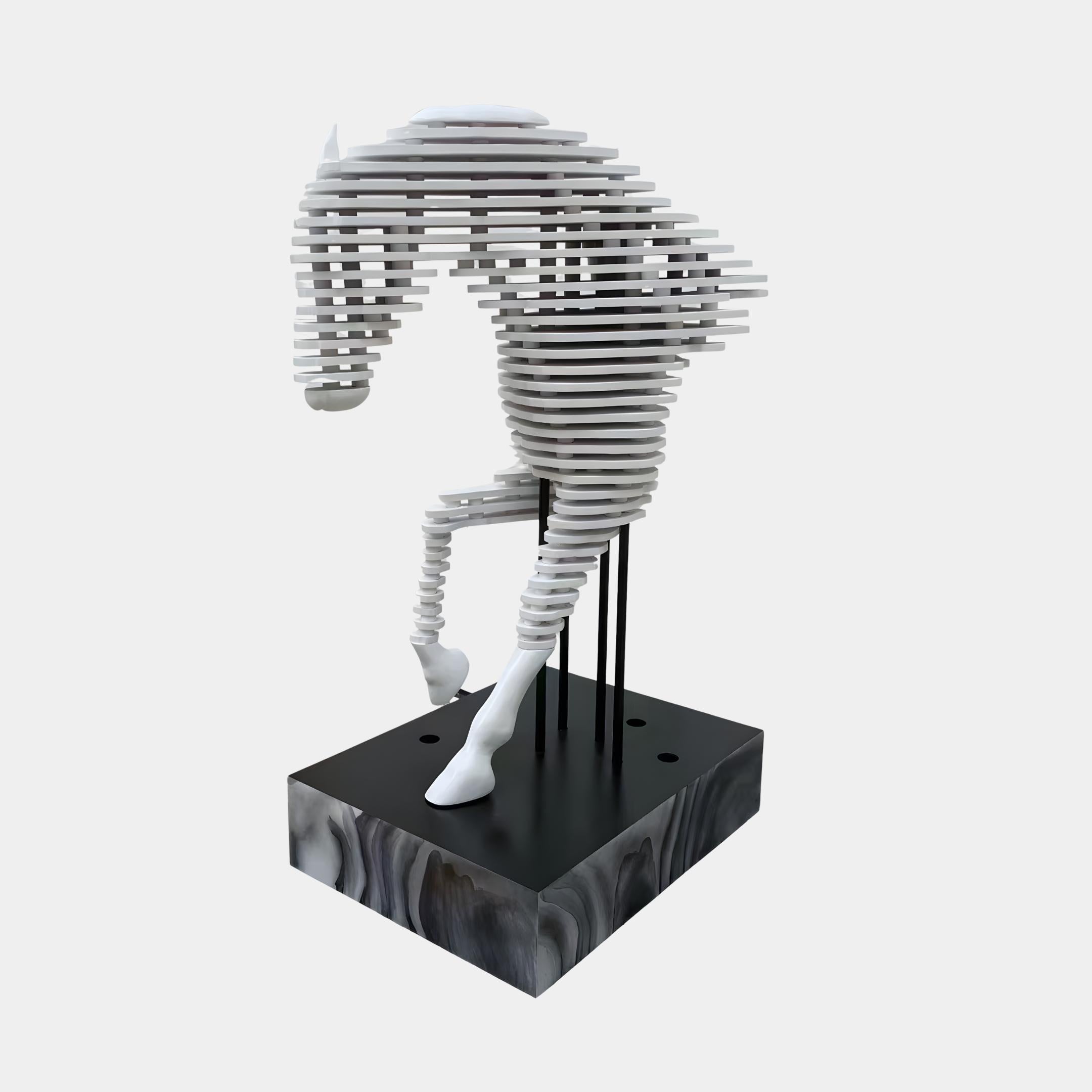 Rising Stallion White Wood Horse Sculpture - 160cm by Giant Sculptures, an abstract horse built from stacked horizontal white wood slabs with a lowered head and raised foreleg, raised on slim black uprights above a dark plinth.