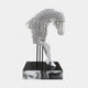 Side view of the 160cm Rising Stallion White Wood Horse Sculpture by Giant Sculptures, layered white wood slabs on slim black uprights, shown on the optional marble-sided plinth.