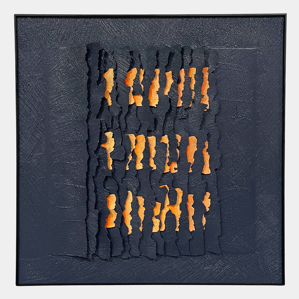 Rivura Navy Layered Sandstone Texture 3D Wall Art, framed square panel with torn vertical navy strips revealing orange and beige layers beneath.
