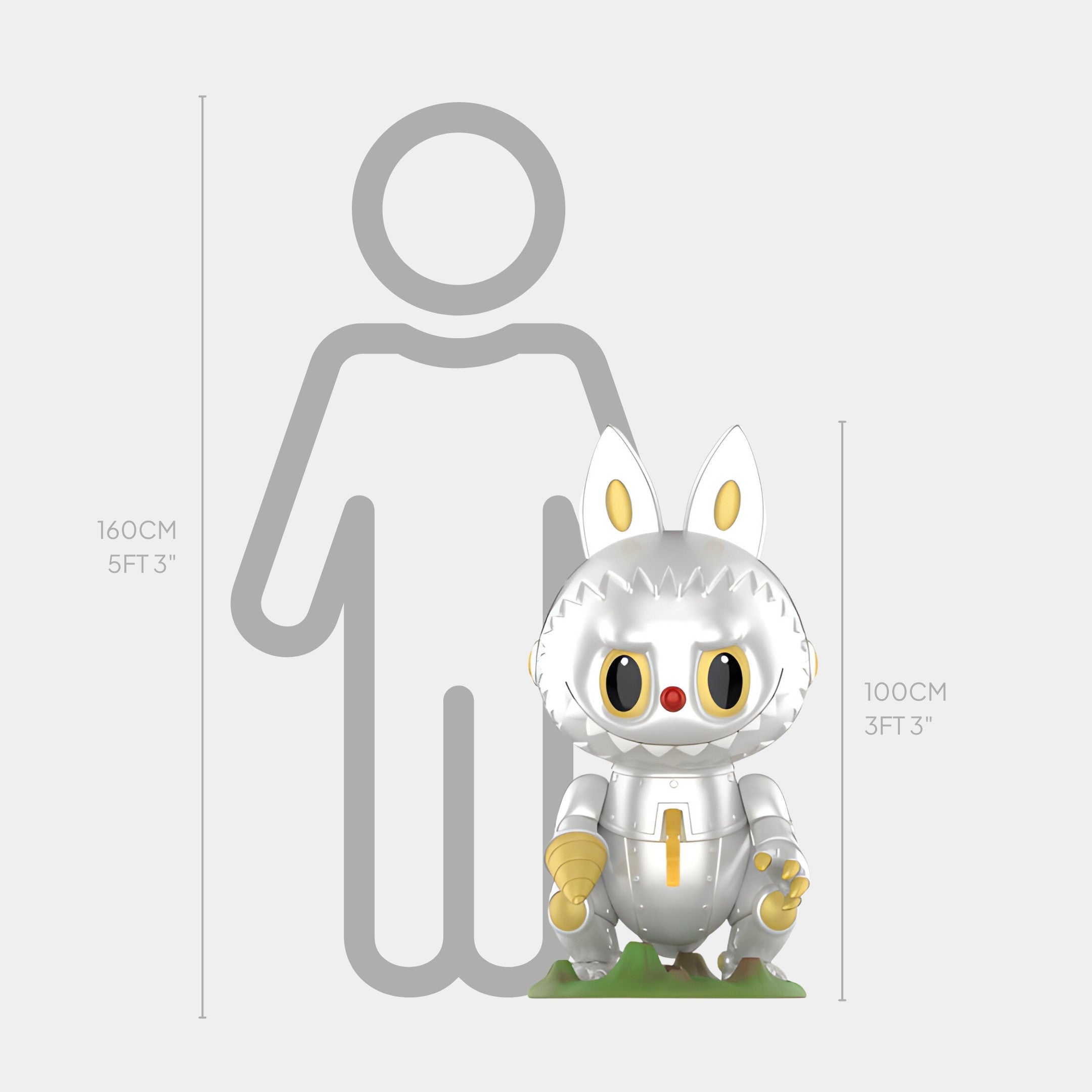 The Giant Sculptures Monsterverse Robot Labubu Sculpture - 100cm, a shiny silver fibreglass figure with yellow eyes, stands next to a gray human outline. Height markers show the bunny is 100cm tall and the human is 160cm tall.