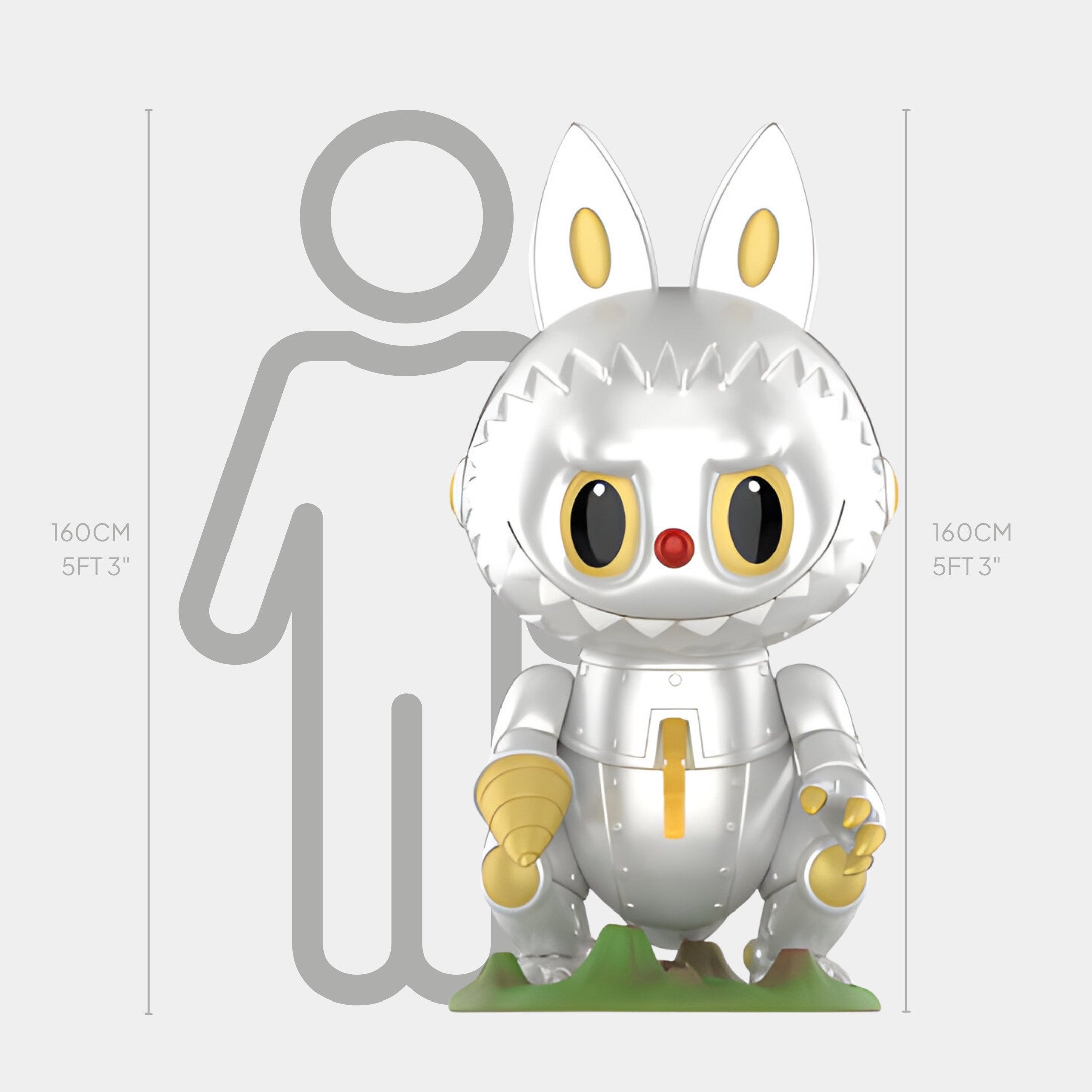 The Giant Sculptures Monsterverse Robot Labubu Sculpture stands at 160cm, featuring shiny silver tones, bunny ears, yellow eyes, and gold accents. A gray human outline highlights its height and adds a sci-fi vibe to the scene on green grass.
