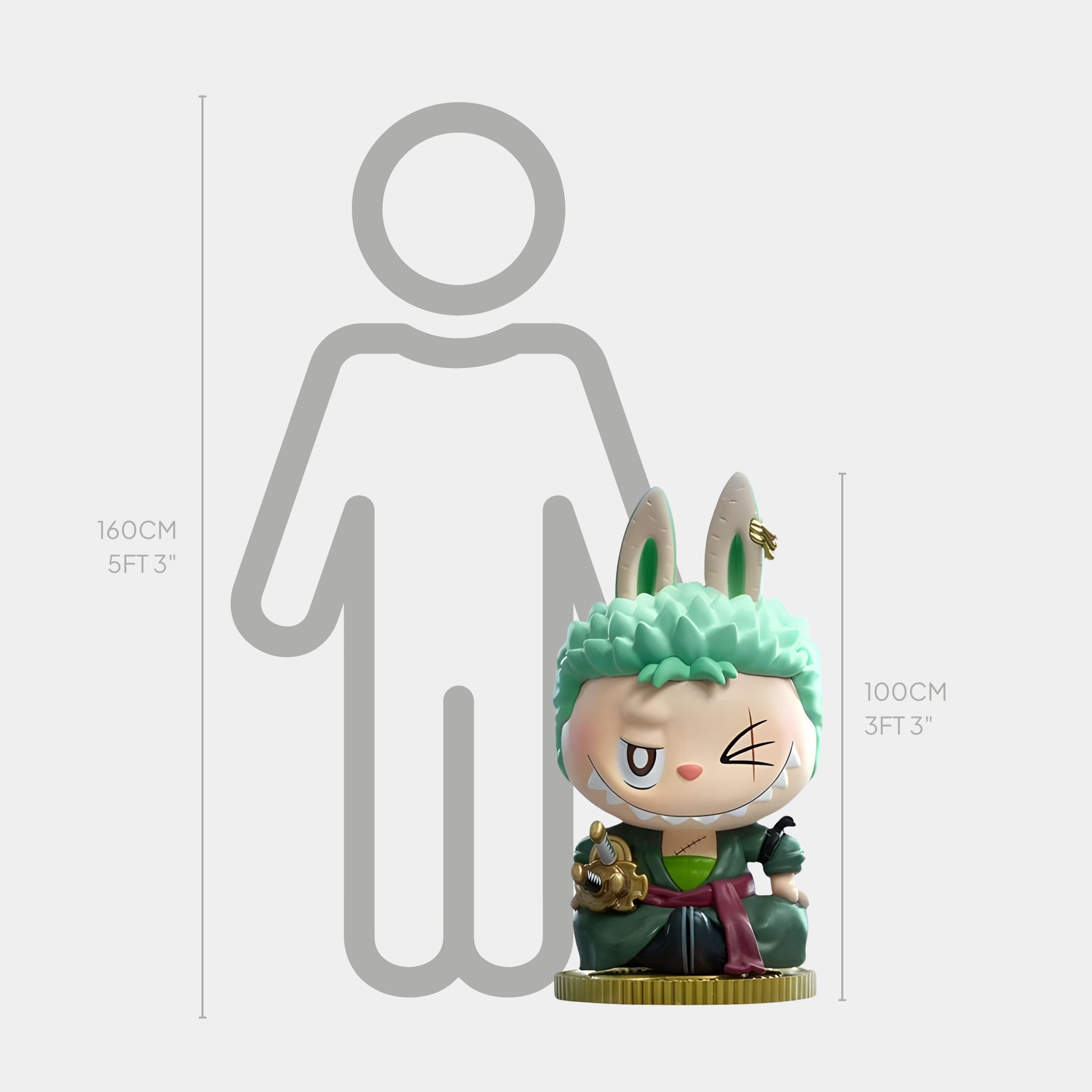 The Grand Line Zoro Labubu Sculpture - 100cm by Giant Sculptures features a small bunny-themed figurine in green, red, and gold, standing before an illustrated human silhouette marked at 160 cm (5 ft 3 in).