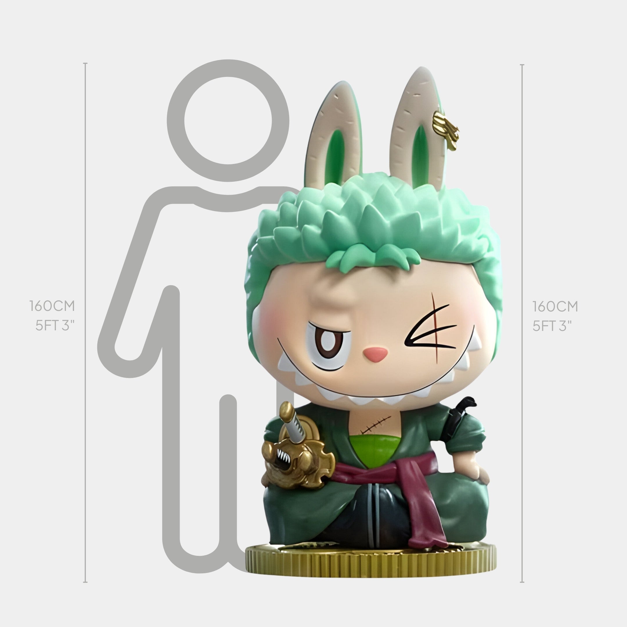 The Grand Line Zoro Labubu Sculpture by Giant Sculptures is a chibi-style figure with green spiky hair, bunny ears, an eye scar, and a wink, standing 160cm tall next to a gray human silhouette—ideal for any anime-themed space.