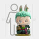 The Grand Line Zoro Labubu Sculpture by Giant Sculptures is a chibi-style figure with green spiky hair, bunny ears, an eye scar, and a wink, standing 160cm tall next to a gray human silhouette—ideal for any anime-themed space.
