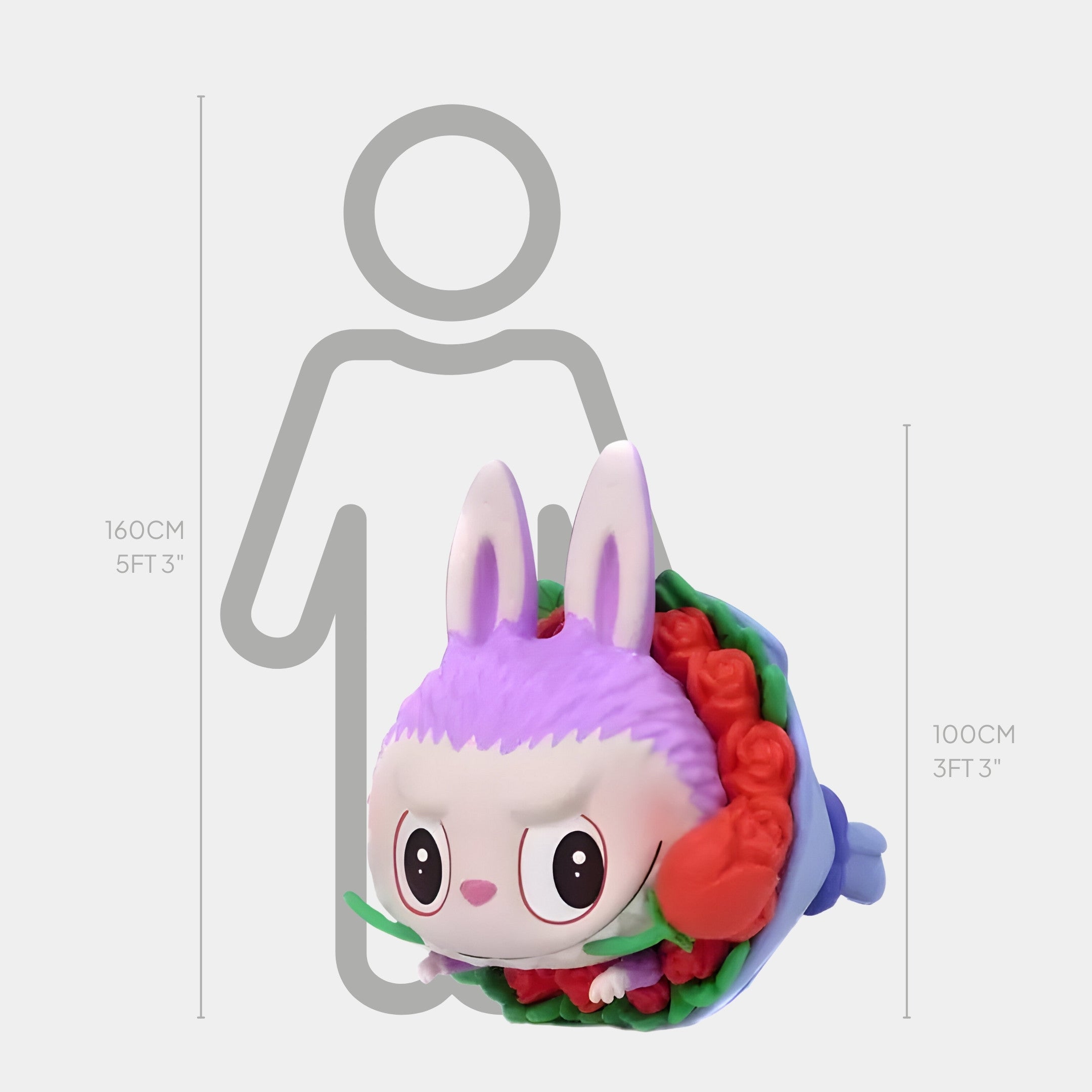 The Flower Elves Rosebud Labubu Sculpture (100cm) by Giant Sculptures features a cute, round bunny with purple fur and pink cheeks nestled in vibrant red and green flowers, shown beside a size chart comparing it to a human.