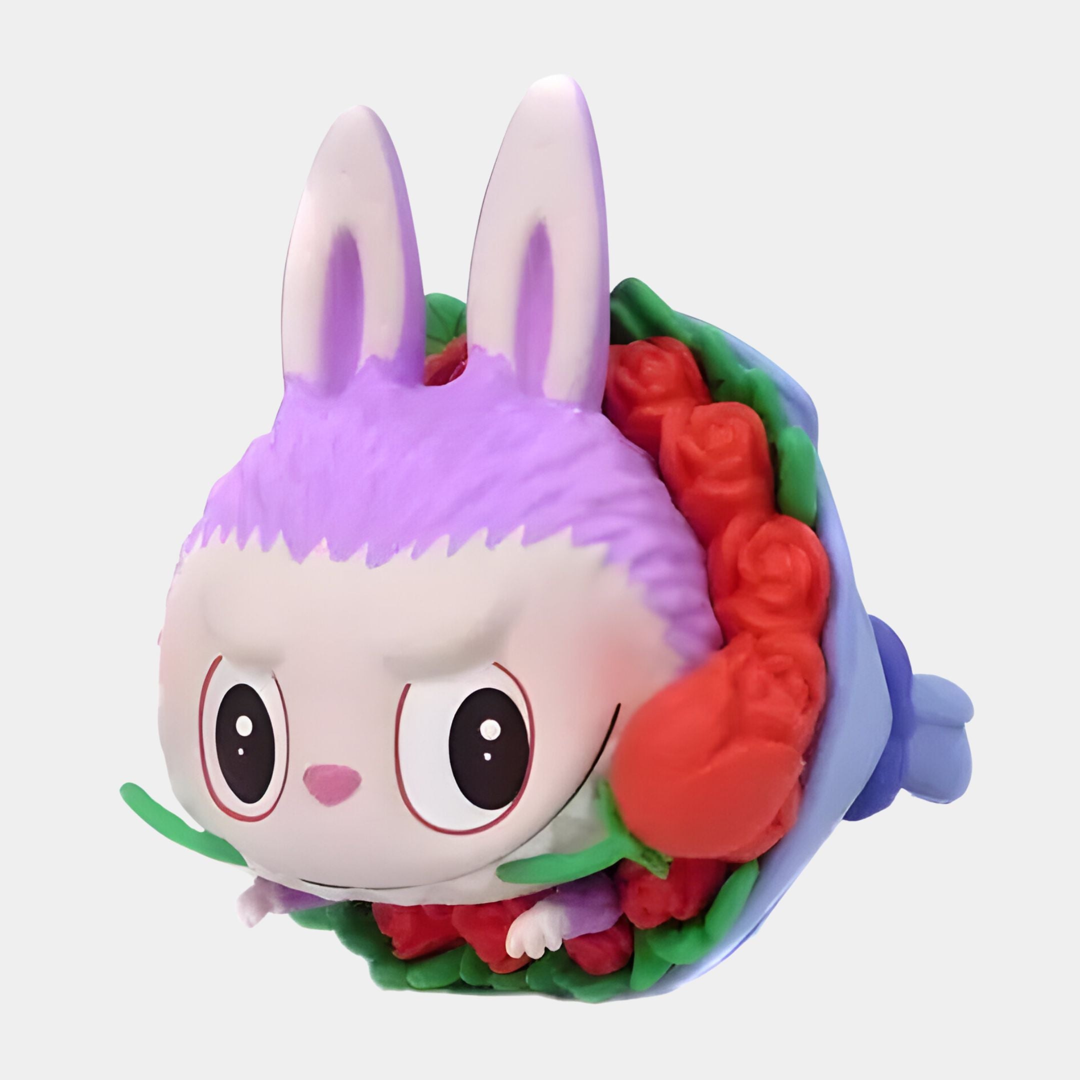 The Giant Sculptures Flower Elves Rosebud Labubu Sculpture (160cm) features a purple bunny with big eyes, bundled in red roses and green leaves with blue wrapping—ideal floral character decor for a plain white background.