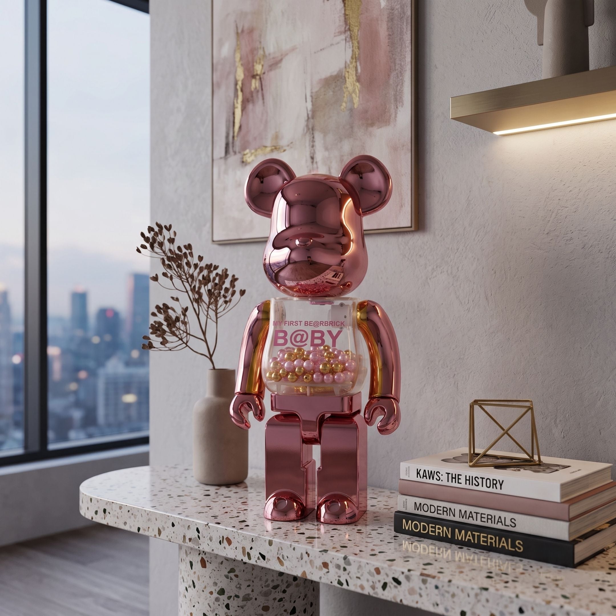 Rose Gold Beads Bear Sculpture - 70cm by Giant Sculptures, metallic pink finish with bead-filled chest, displayed on a terrazzo console beside books and a vase near a city-view window.