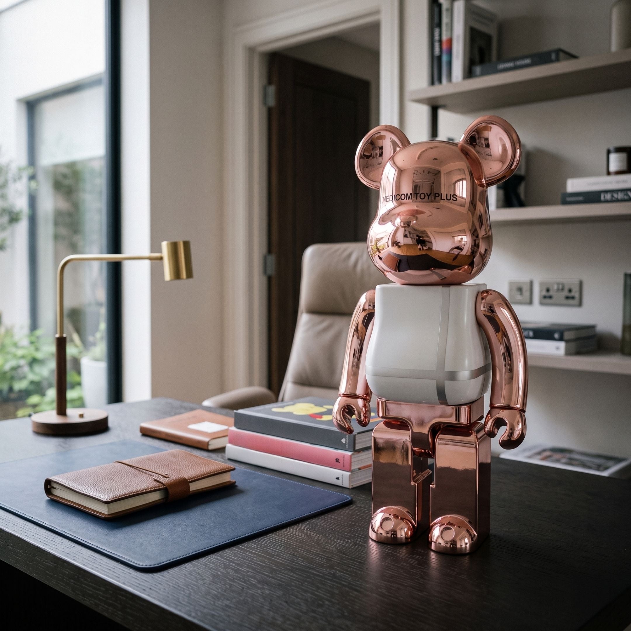 Atelier Rose Grid Bear Sculpture - 70cm in rose-gold and white grid-panelled resin, displayed on a dark desk in a home office with books and a lamp.