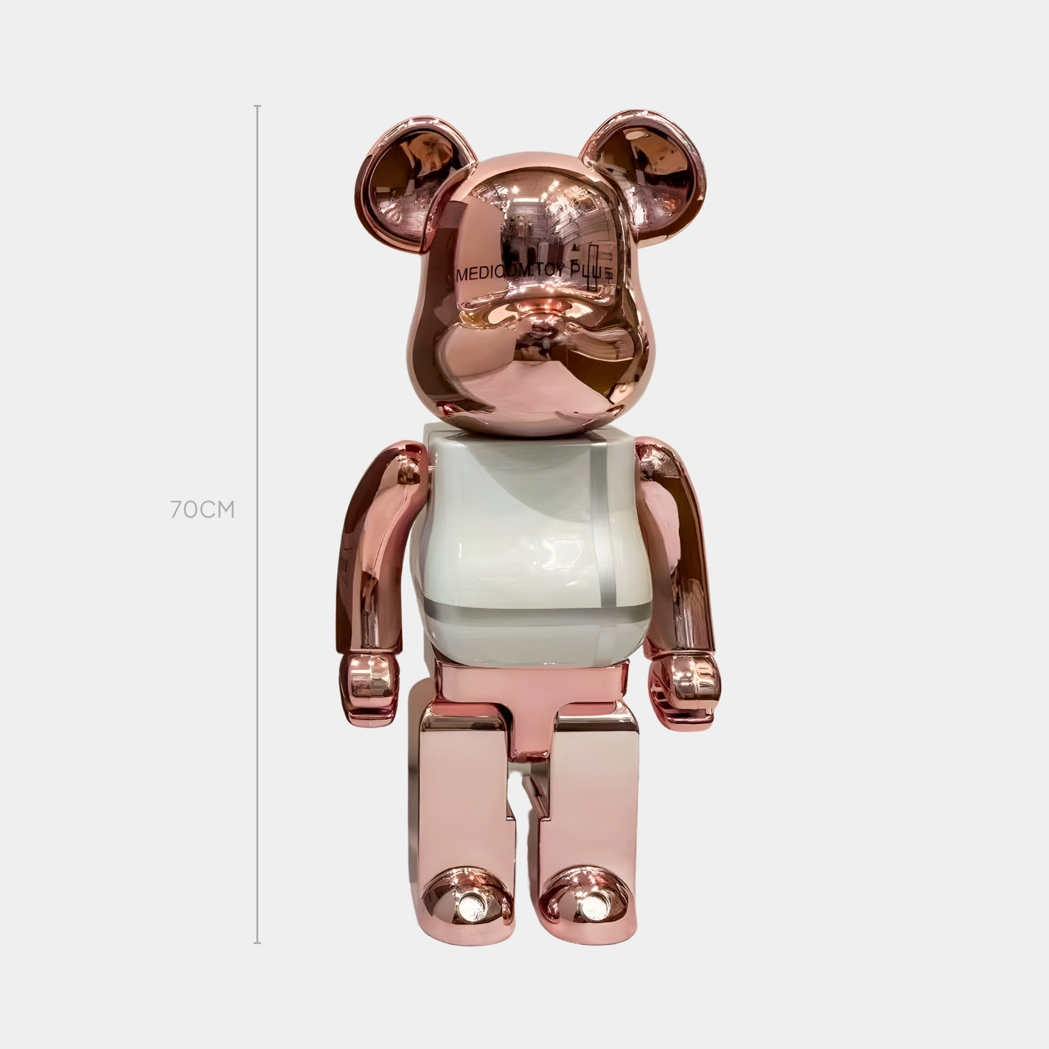The Atelier Rose Grid Bear Sculpture - 70cm by Giant Sculptures features a shiny, metallic bear in rose-gold and white. Standing upright against a plain backdrop, its contemporary design is highlighted with a vertical height marker.