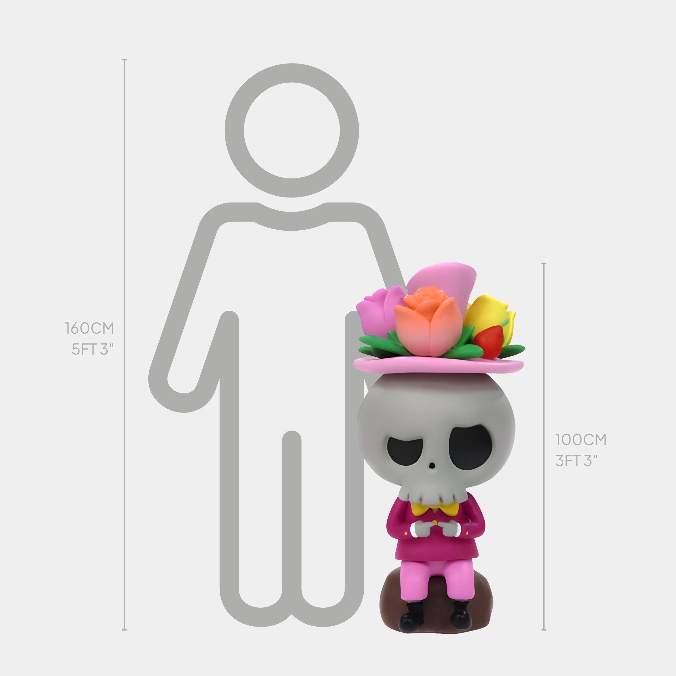 The Giant Sculptures Flower Elves Rose Tycoco Labubu Sculpture - 100cm is a colorful fibreglass figure with a flower hat, shown by a height chart beside a 160cm human outline. Inspired by Flower Elves.