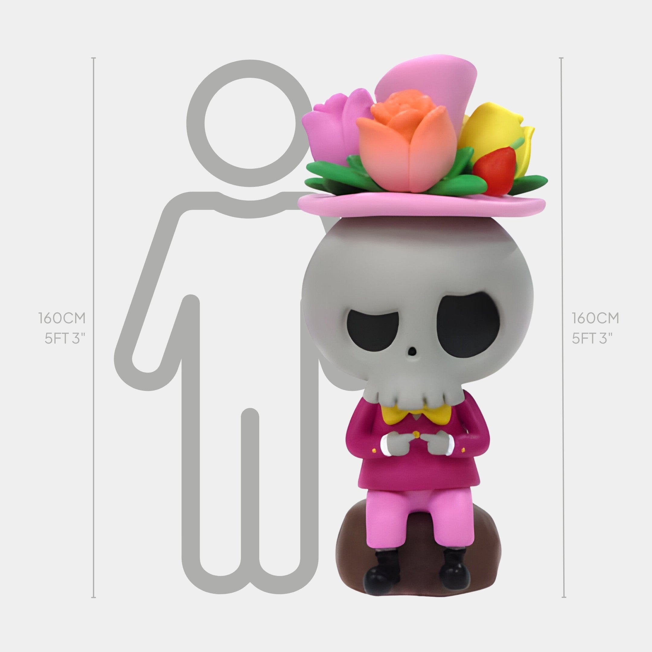 The Giant Sculptures Flower Elves Rose Tycoco Labubu Sculpture stands 160cm tall, featuring a cartoonish skeleton in a pink outfit with colorful florals, seated on a brown surface with its gray outline shown behind it.
