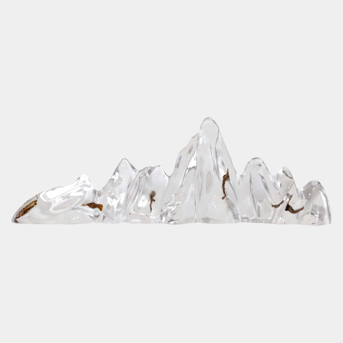 Clear Copper Veined Mountain Range Resin Sculpture - 85cm, jagged clear resin peaks with copper veining at the base, freestanding on a plain white background.