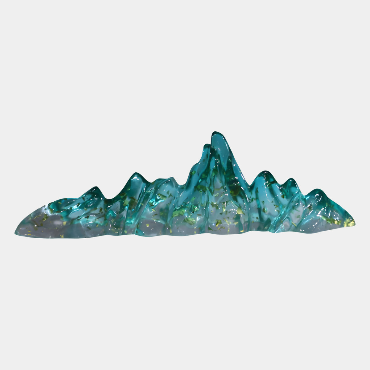 Teal Gold Fleck Mountain Range Resin Sculpture, 85cm, with a tallest peak right of center and gold flecks throughout, resting unmounted on a plain white background.