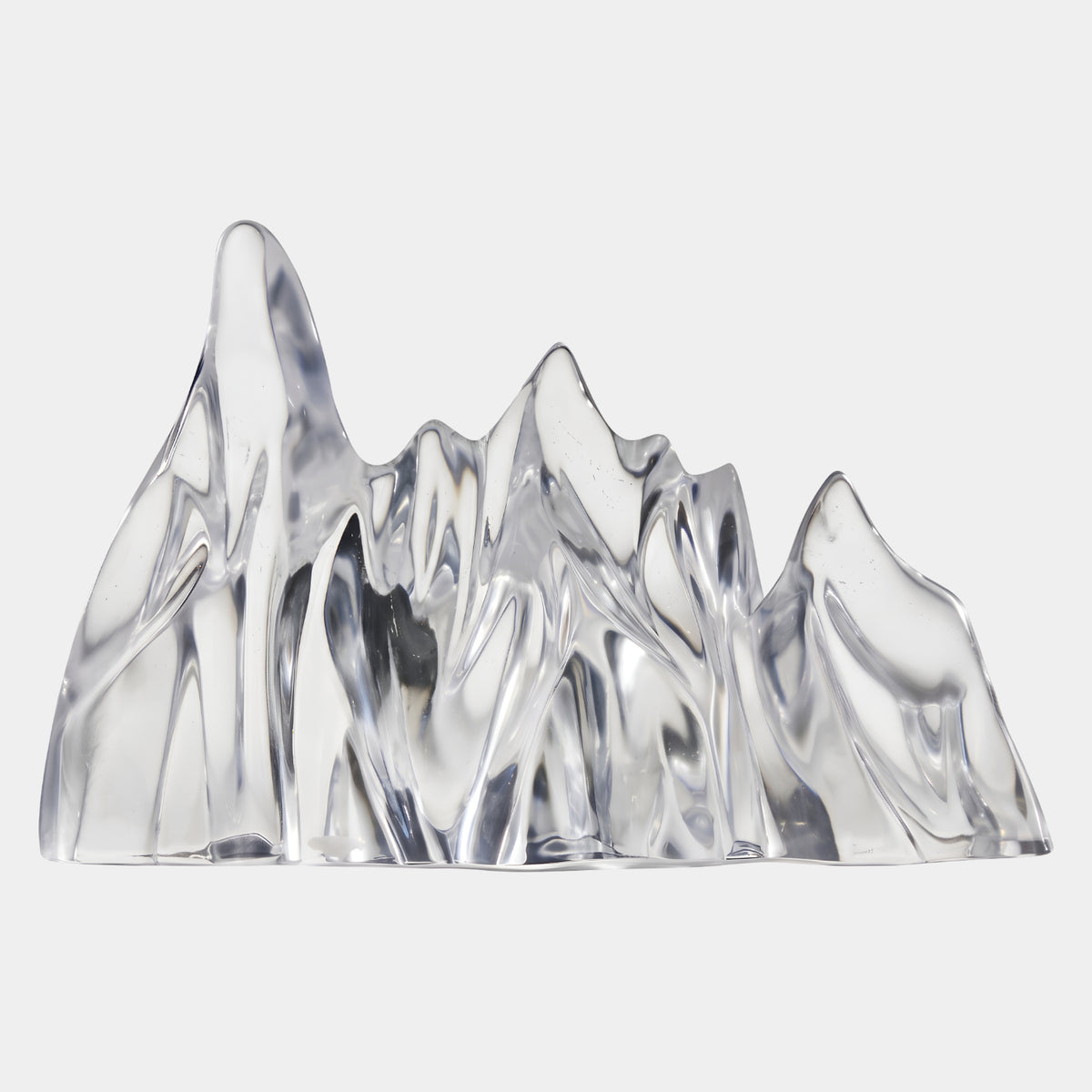 Clear Untinted Mountain Ridge Cast Resin Sculpture, 40cm, showing five jagged peaks of varying heights in translucent resin on a plain white background.