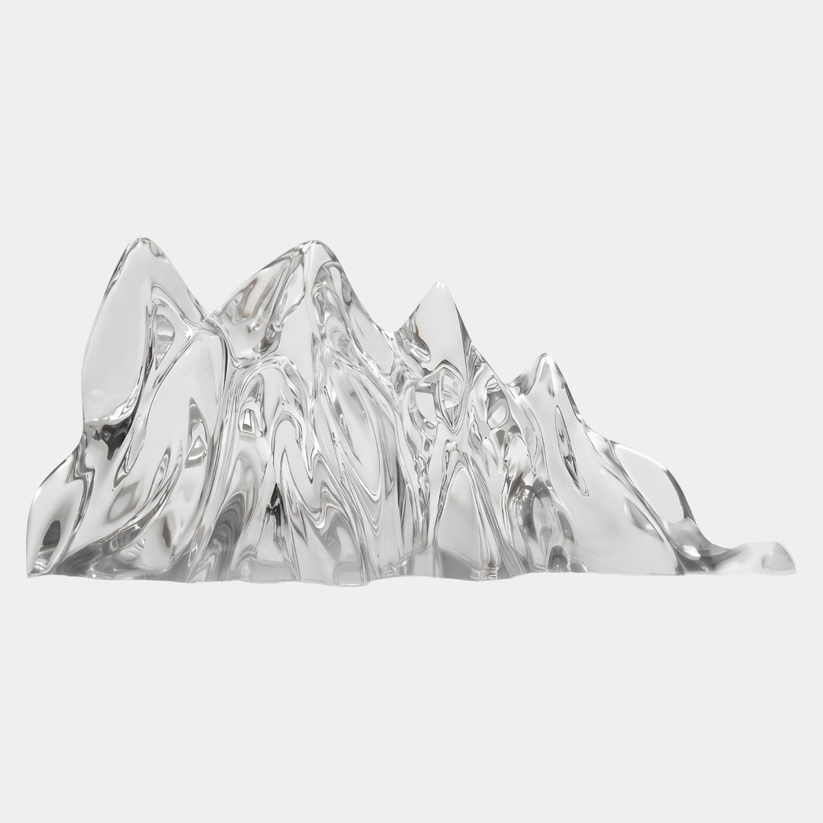 Clear Polished Mountain Range Resin Sculpture, 59cm, by Giant Sculptures, showing glossy peaks tapering into a ridge, on a plain white background.