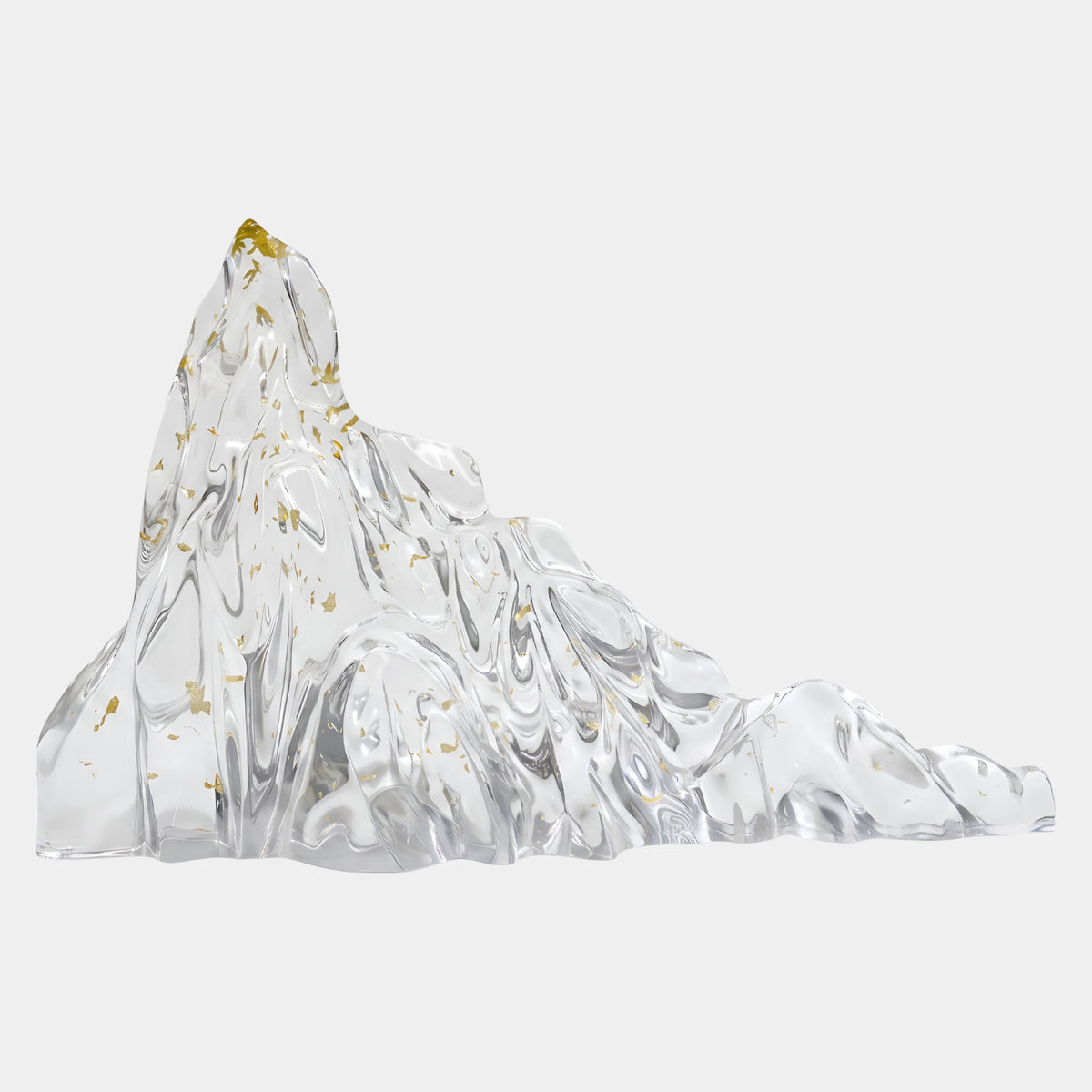 Clear Gold Fleck Peak & Long Fall Resin Sculpture, 83cm, a clear resin mountain ridge with gold leaf flecks tapering to a long low ridge, shown on a plain white background.