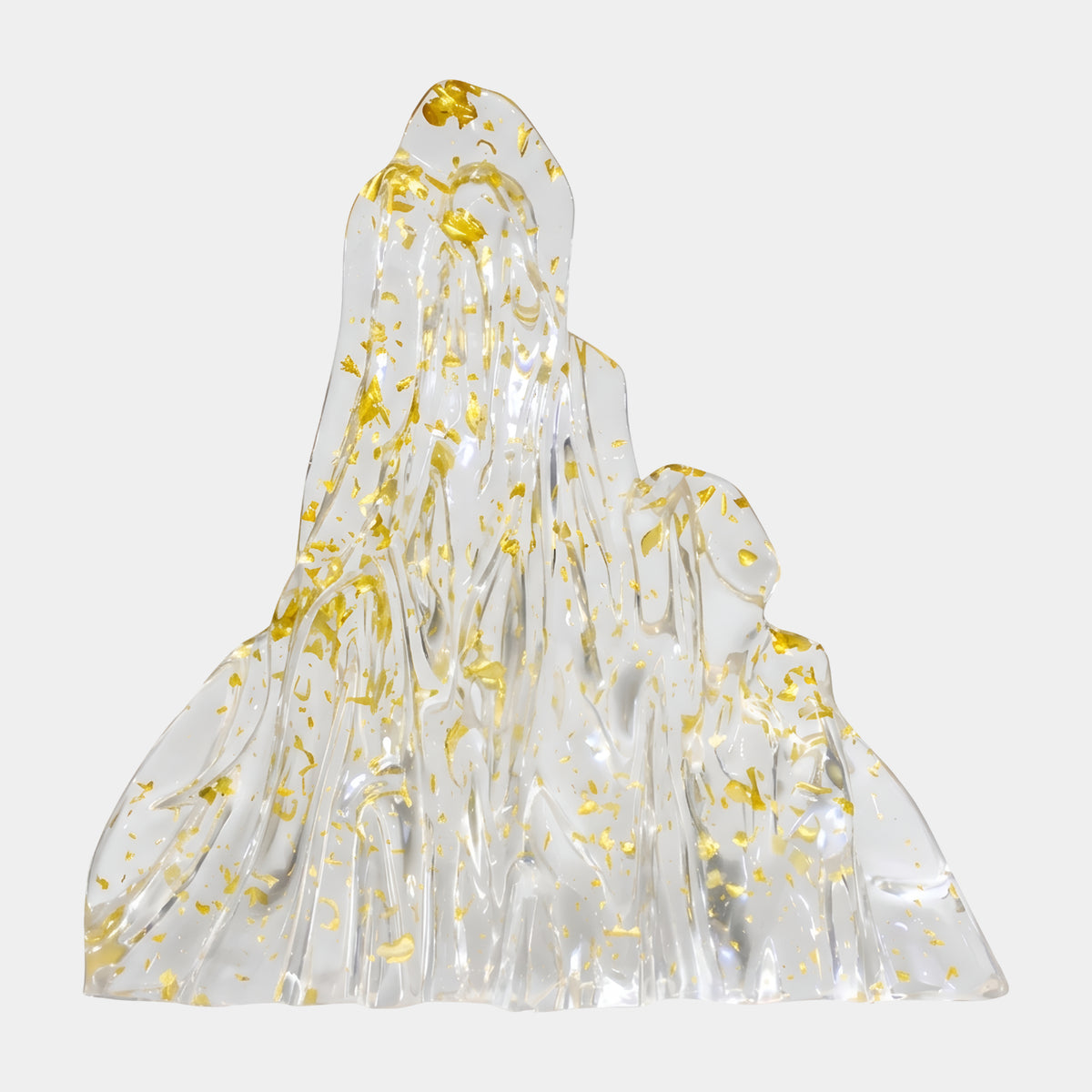 Clear Dense Gold Fleck Mountain Resin Sculpture - 65cm, a twin-peaked clear resin mountain form with dense gold flecks throughout, shown on a plain white background.