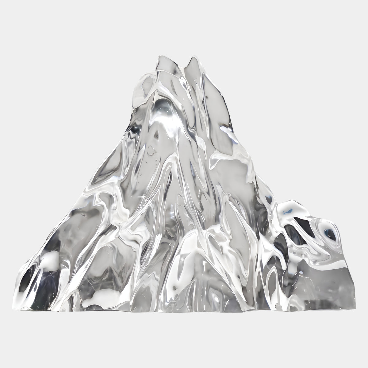 Clear Double Crowned Mountain Resin Sculpture - 65cm with a twin-tipped peak and polished faceted faces, shown on a plain white background.