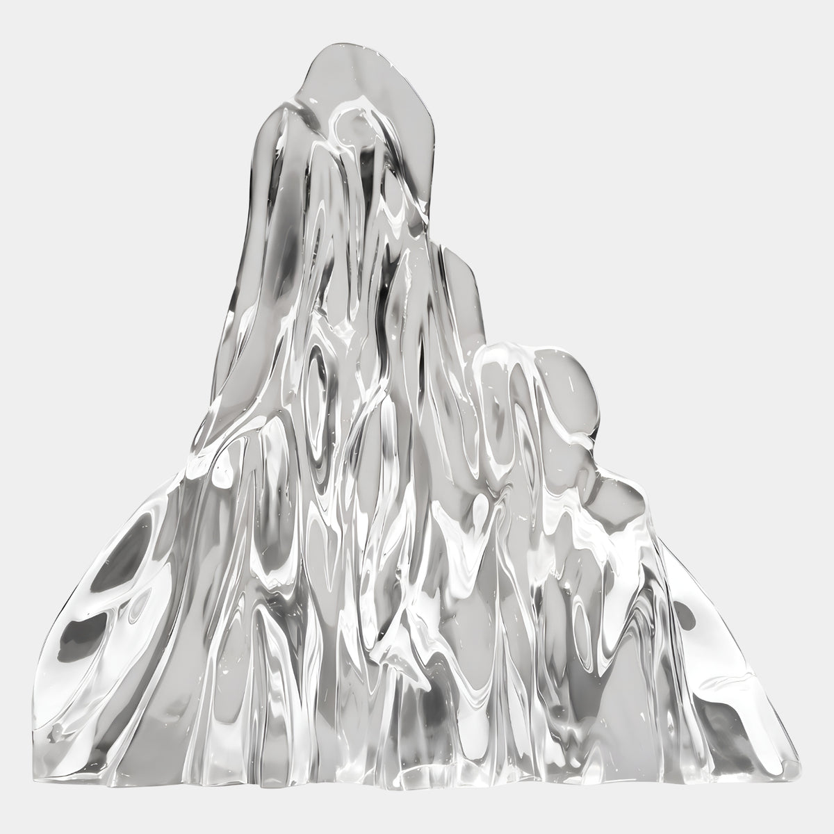 Clear Shouldered Summit Mountain Resin Sculpture (59cm) by Giant Sculptures, a translucent peak with a rounded shoulder and deep vertical runnels, shown against a plain white background.
