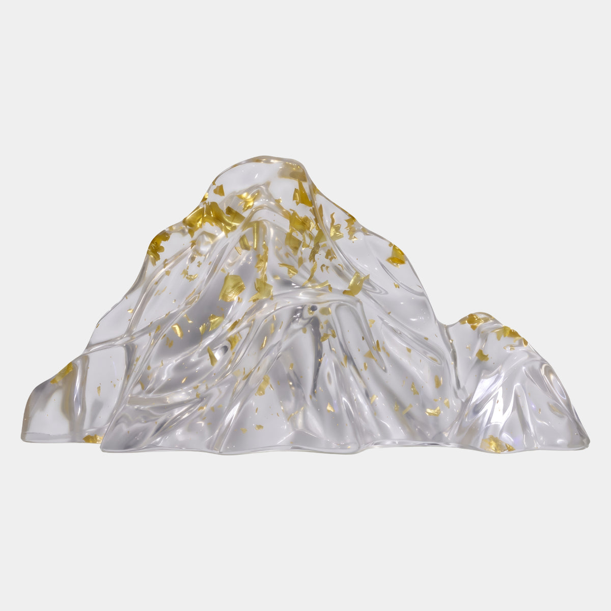 Clear Gold Leaf Low Mountain Resin Sculpture - 53cm by Giant Sculptures, a low clear resin peak with large gold leaf flakes across the summit, unmounted on a plain white background.